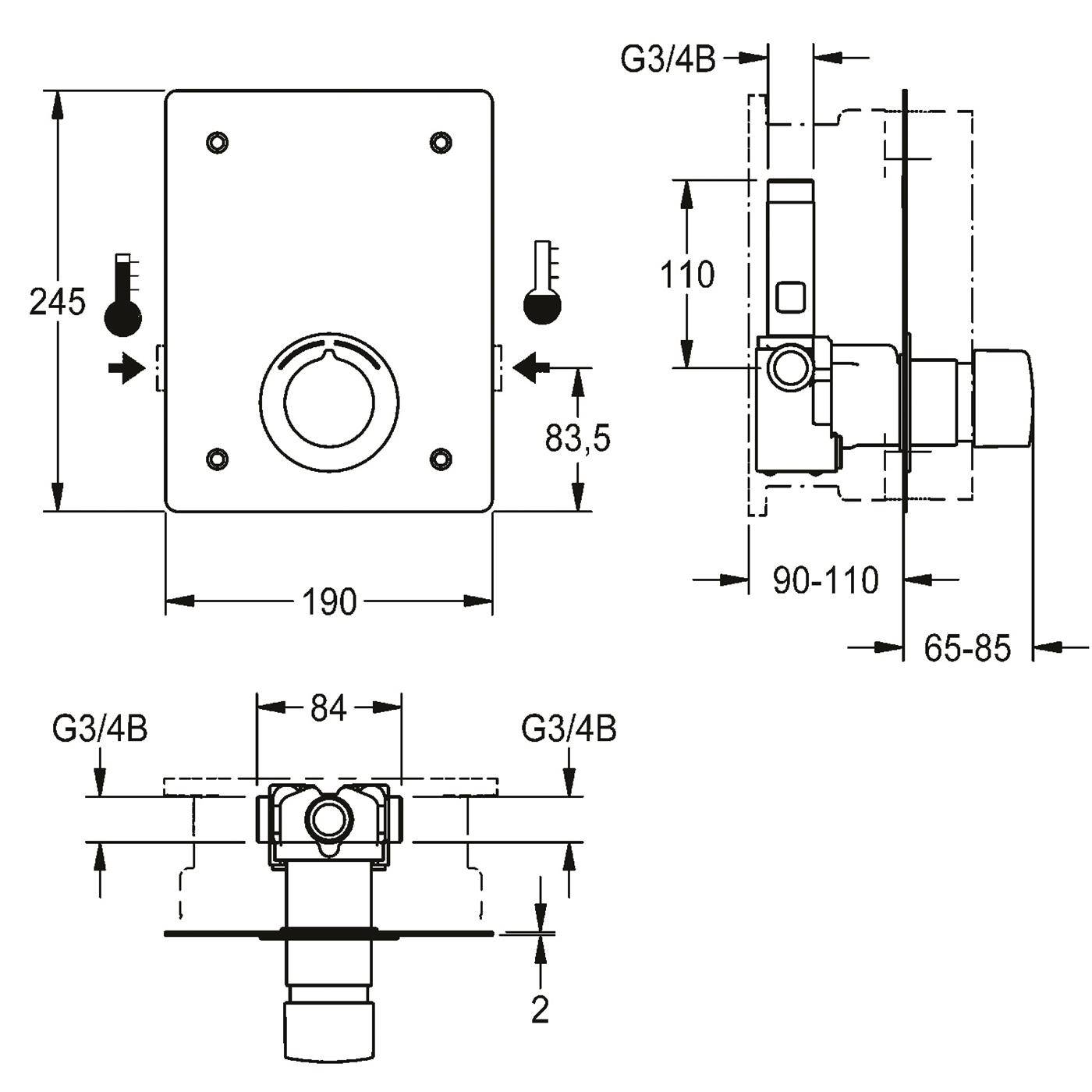 Technische Zeichnung eines wandmontierten Ventils/einer Armatur mit Vorder-, Seiten- und Draufsicht mit den Abmessungen 245 x 190 mm und Anschlussgröße G3/4B.