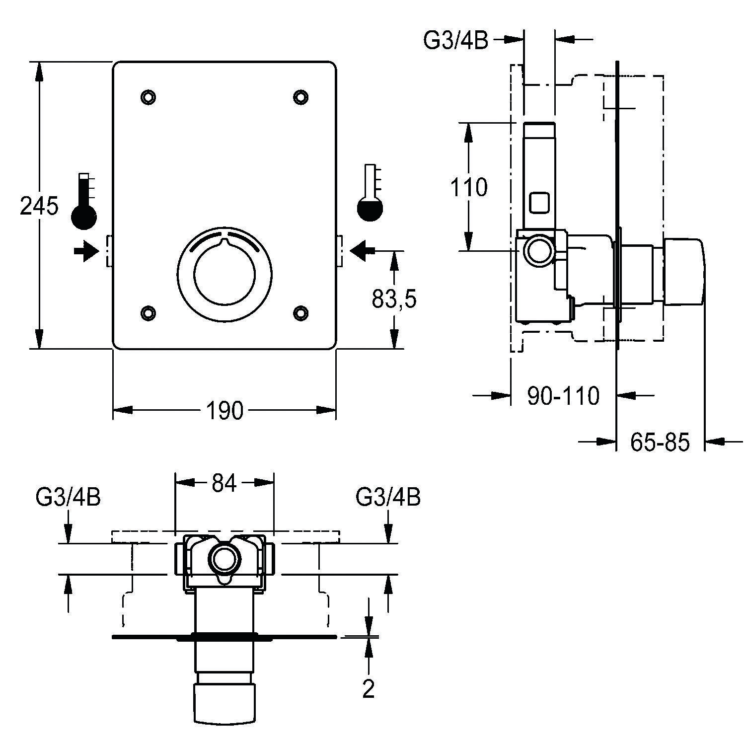 Diagramm einer Ventilinstallation mit Maßen: 245x190 mm Frontansicht, 110 mm seitliche Tiefe, Ventilknopf in der Mitte, G3/4B-Rohranschlüsse.
