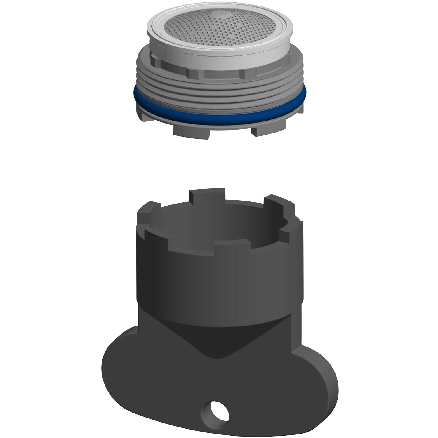 3D-Modell einer mechanischen Komponente mit kreisförmigem Oberteil und gekerbteter Basis, mit einem zentralen blauen Ring für funktionales Design.