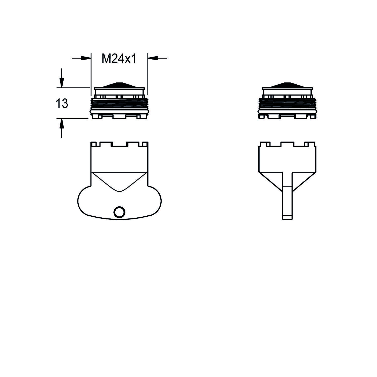 Eine technische Zeichnung einer zylindrischen Komponente mit einem gewindeten Oberteil, gekennzeichnet mit 'M24x1', Seitenansicht zeigt eine Höhendimension von 13 mm.
