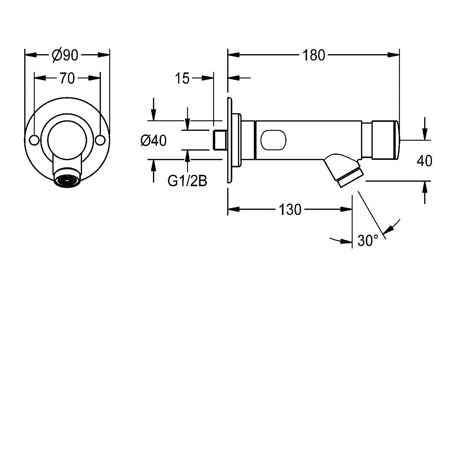 Technische Zeichnung einer Wandhalterung für eine Duscharmatur mit folgenden Maßangaben: 90 mm Durchmesser, 180 mm Länge, 130 mm Ausladung, 30-Grad-Winkel.