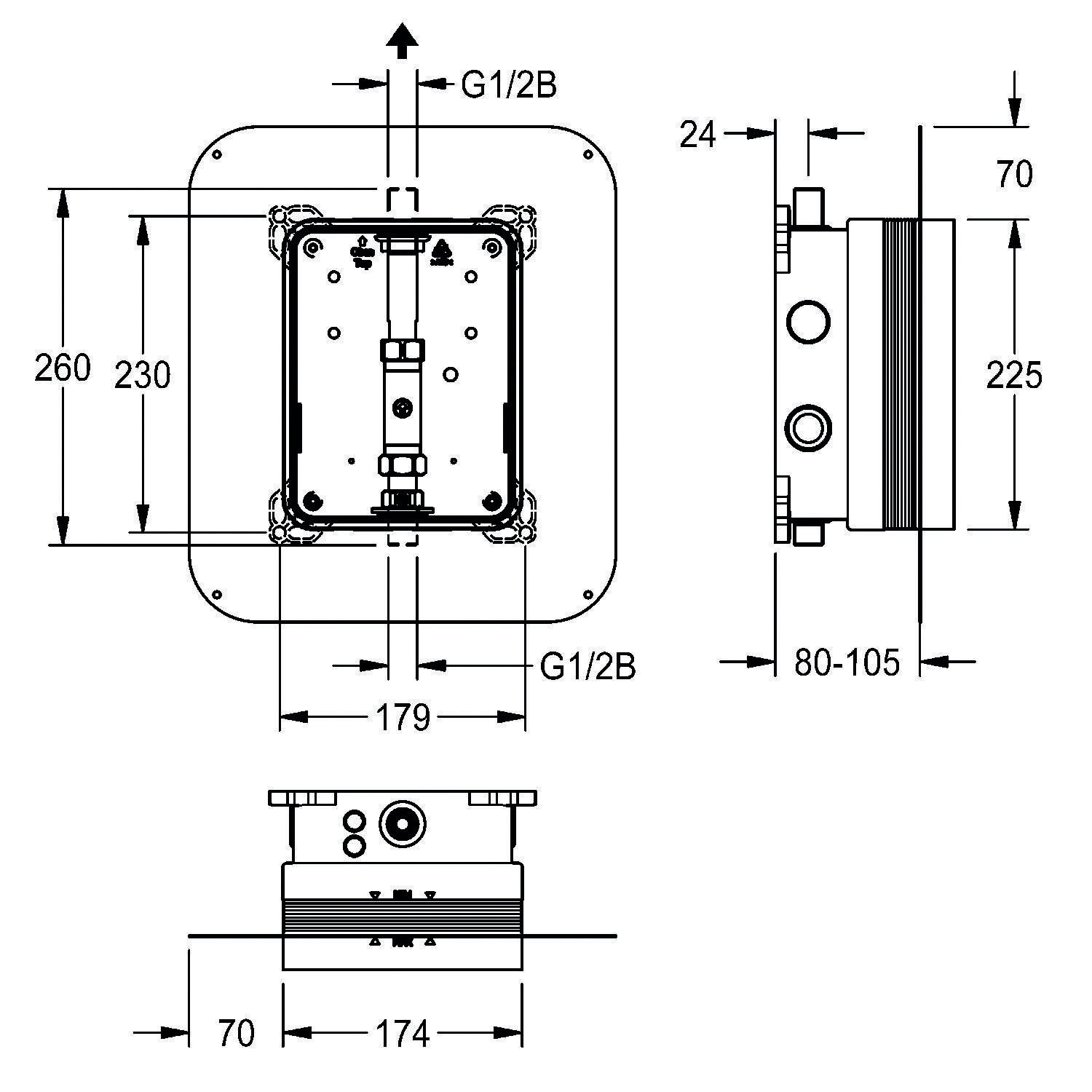 Technische Zeichnung mit Abmessungen eines technischen Geräts in mehreren Ansichten. Hauptansicht: 260 mm Höhe x 230 mm Breite; Seitenansicht: 70 mm Tiefe.