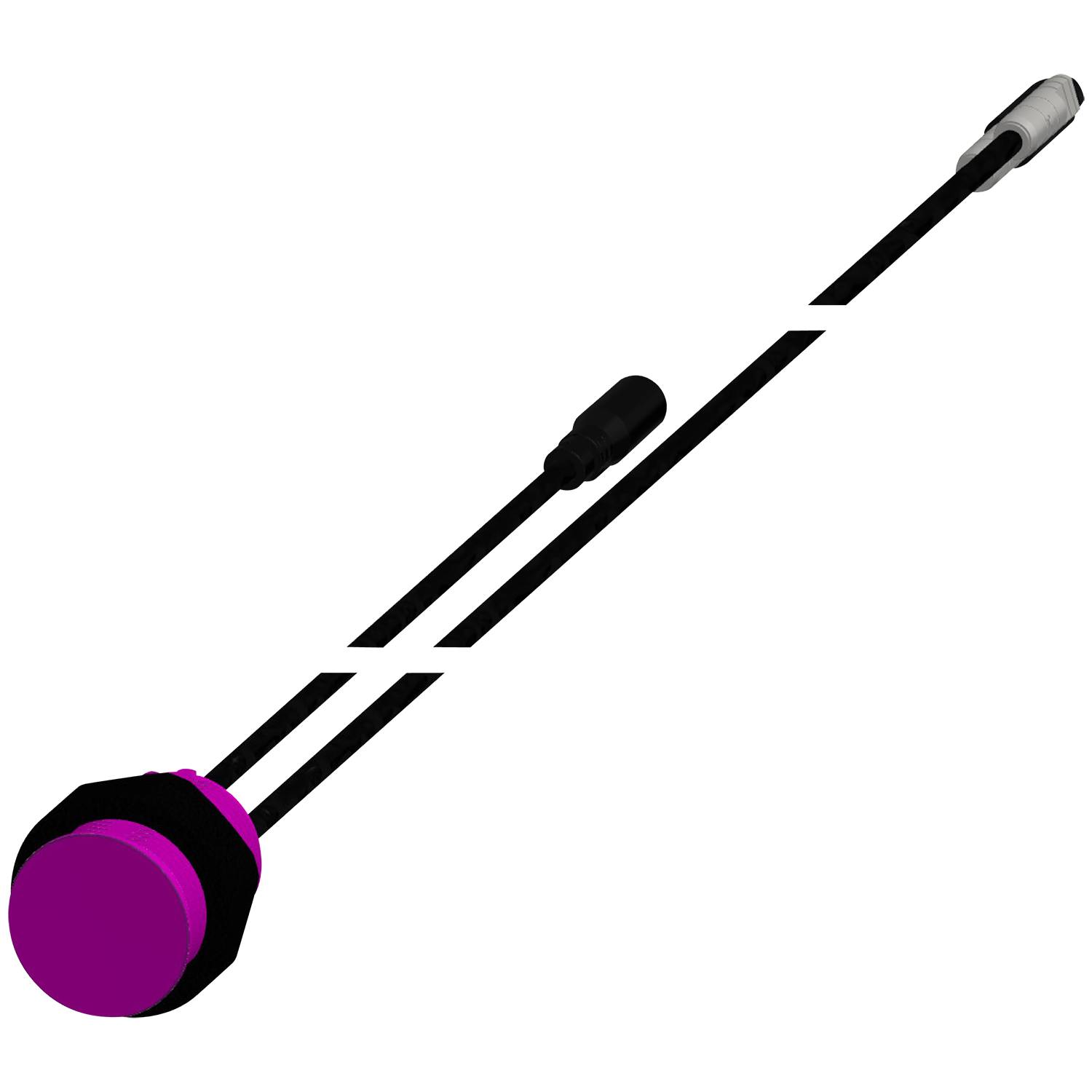 Ein schwarzer Stab mit einer lila Spitze, verwendet zum Jonglieren oder für rhythmische Darbietungen, vor einem einfarbig schwarzen Hintergrund.
