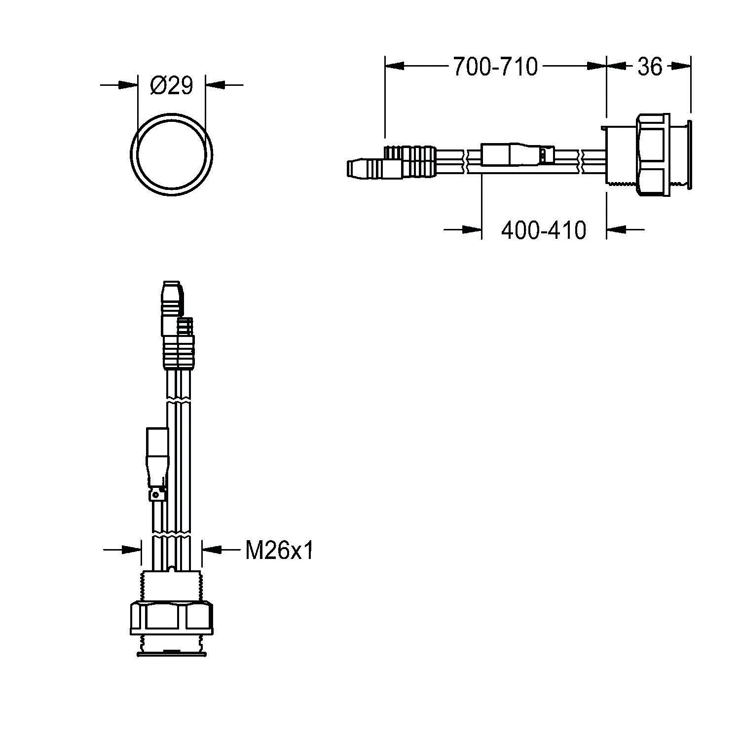 Technische Zeichnung eines Kabels mit Rundsteckverbinder. Abmessungen: 700-710 mm Länge, 36 mm Breite, Steckerdurchmesser 29 mm, Gewinde M26x1.