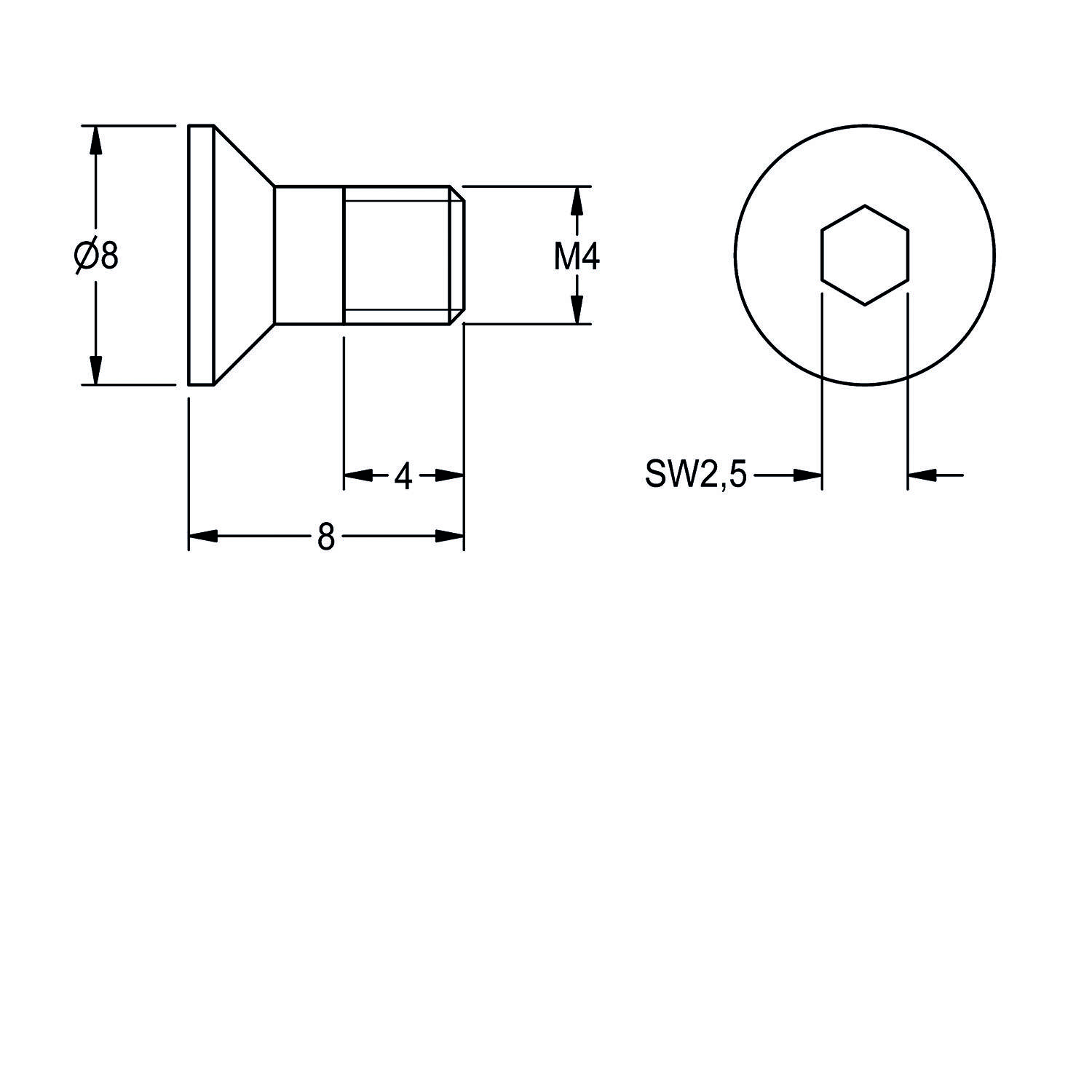 Technische Zeichnung einer Schraube mit Maßen: Durchmesser 8 mm, Länge 8 mm, Kopfdicke 4 mm, M4-Gewinde. Innensechskant-Größe SW2,5.