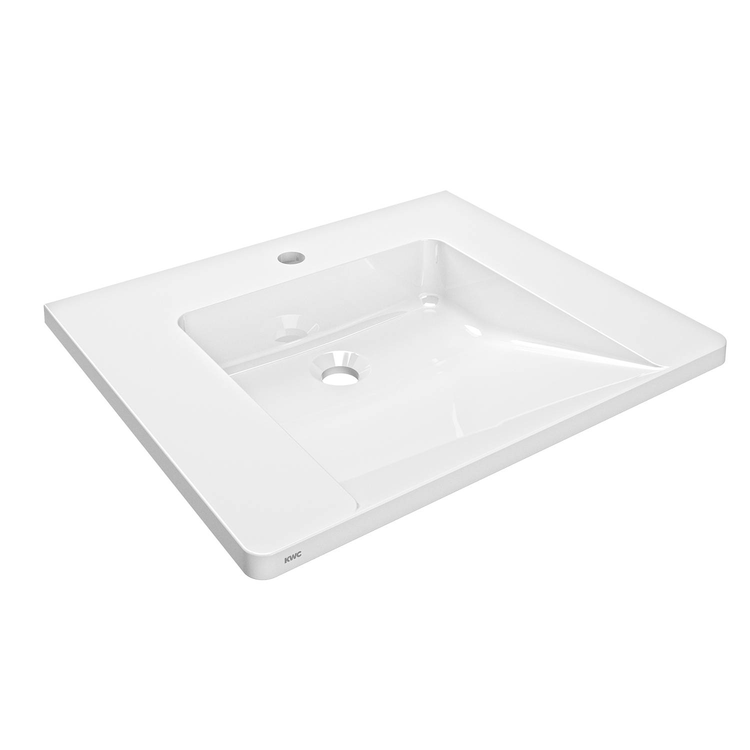 Weißes rechteckiges Waschbecken im Badezimmer mit modernem Design, ausgestattet mit einer Armaturenbohrung und einem zentralen Ablauf, vor einem schwarzen Hintergrund.
