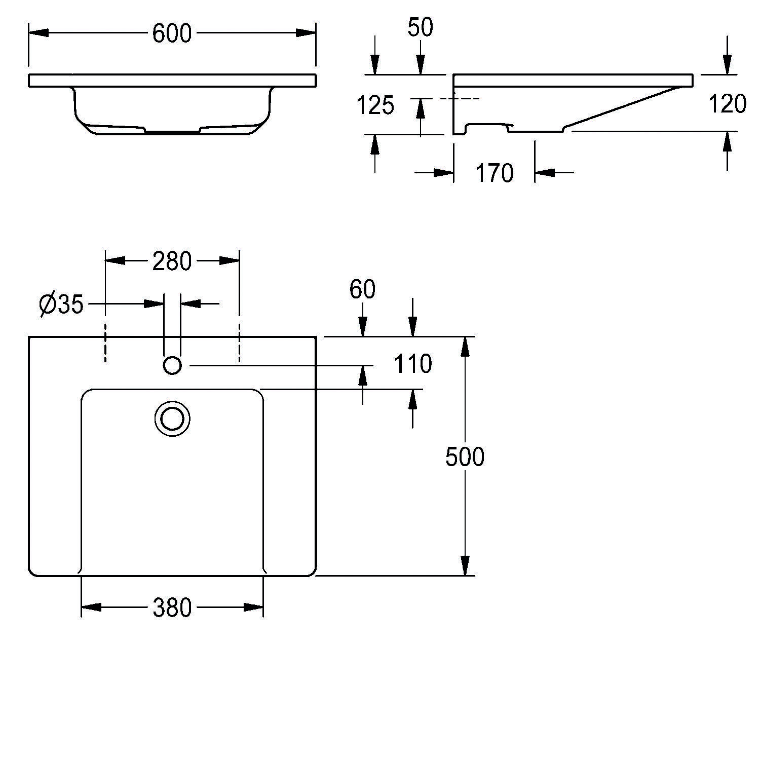 Technische Zeichnung eines Waschbeckens mit Abmessungen: Breite 600 mm, Tiefe 380 mm und Höhe 120 mm. Durchmesser des Ablauflochs 35 mm.