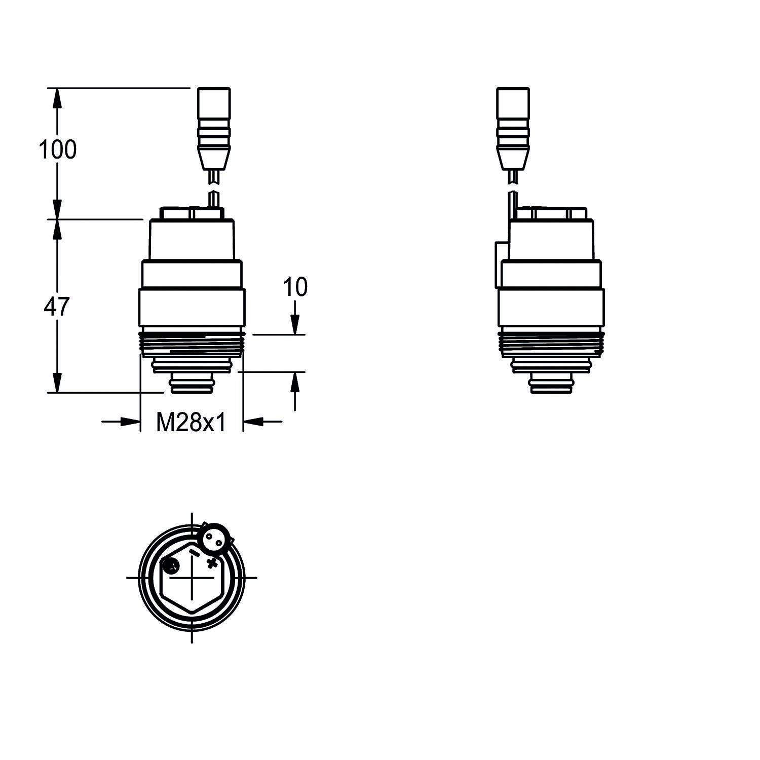 Technische Zeichnung eines zylindrischen Sensors mit Abmessungen: 100 mm Gesamthöhe, 47 mm Korpushöhe, 10 mm Steckerhöhe. Gewindeabmessung: M28x1.