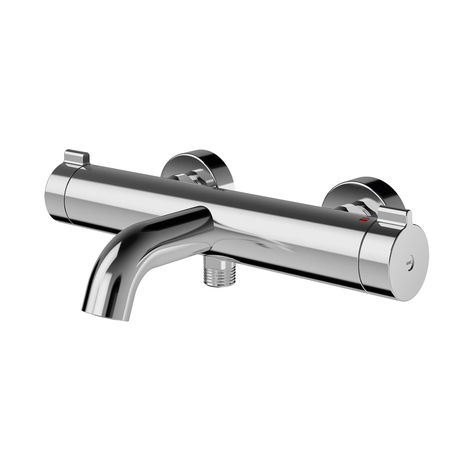 Eine Chrom-Wandarmatur, die vor einem schwarzen Hintergrund platziert ist und ein modernes Design mit einem einzigen Auslauf und runden Bedienungselementen zeigt.
