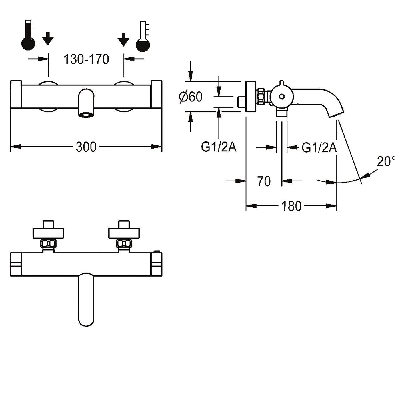 KWC Thermostat-wannenbatterie, F4, AP, Wannenauslauf und für Handbrause