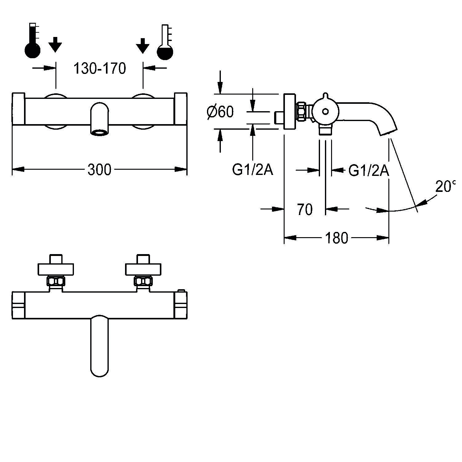Technische Zeichnung eines Wandarmaturs mit Abmessungen: 130-170 mm Verstellbereich, 300 mm Breite, 180 mm Auslaufreichweite, 20° Auslaufwinkel.