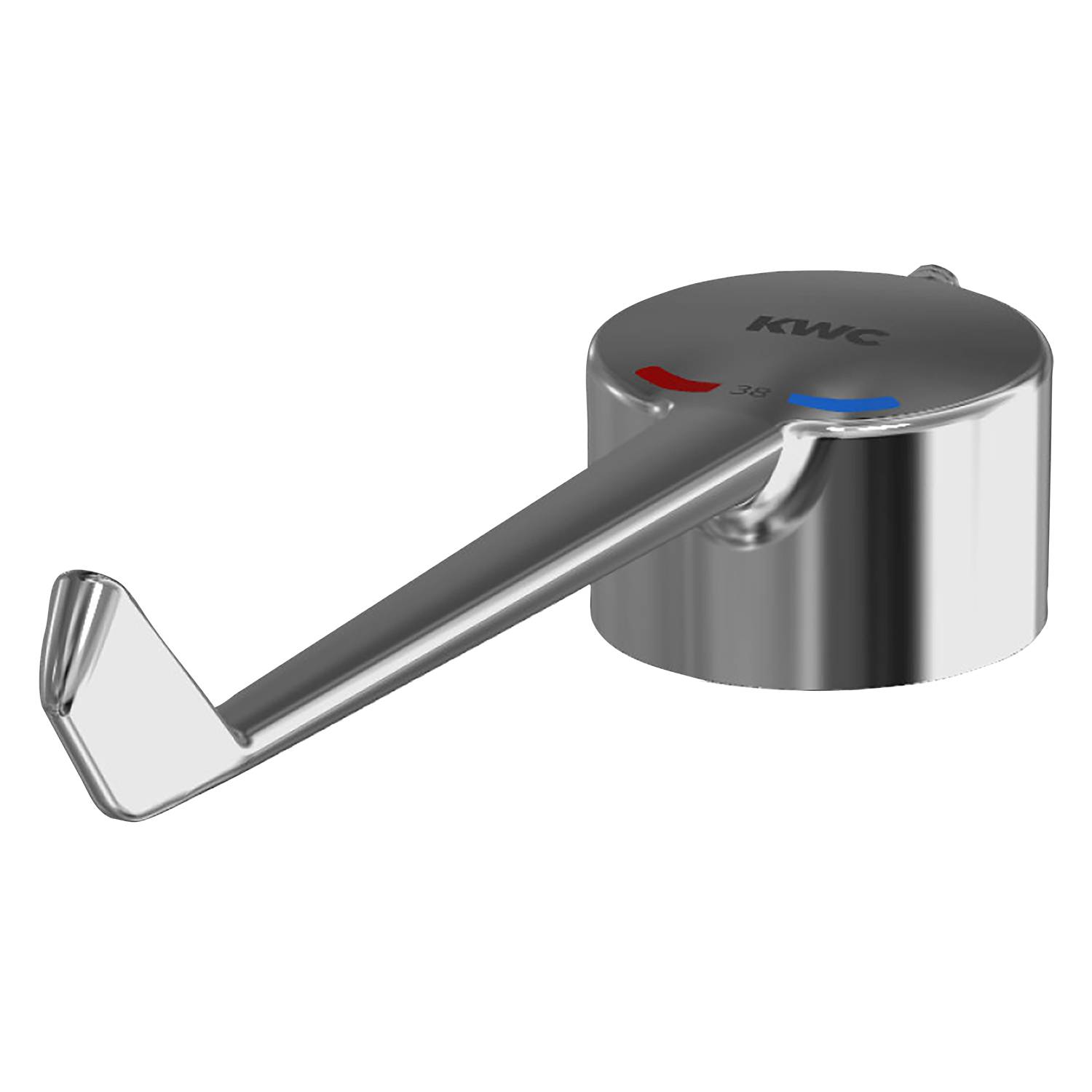 Ein metallischer Wasserhahn-Griff mit der Aufschrift 'KWC' oben, ausgestattet mit roten und blauen Temperaturanzeigern auf schwarzem Hintergrund.