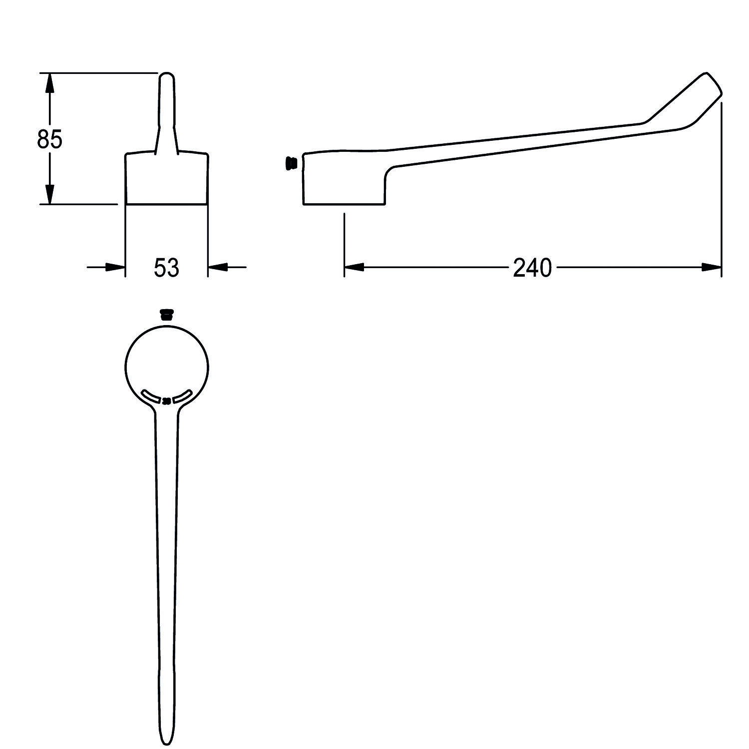 Diagramm eines Griffs mit Maßangaben: 85 mm Höhe, 53 mm Breite an der Basis und 240 mm Länge. Zeigt Maßstab und Konstruktionsdetails.