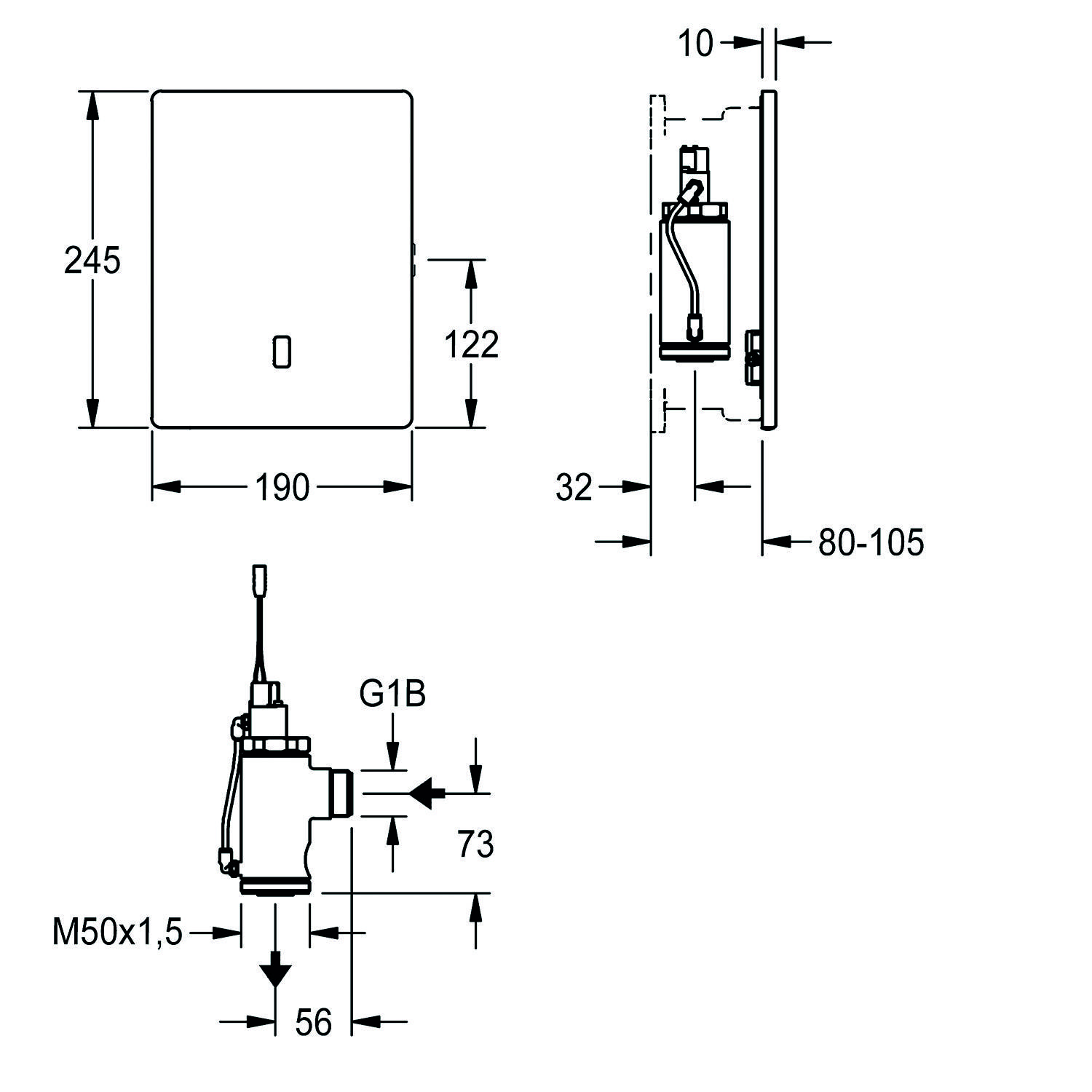 Technische Zeichnung eines rechteckigen Schalters mit Abmessungen: 245x190 mm Frontfläche, 122 mm Tiefe. Seitliche Hebelmechanismus ist mit Maßangaben dargestellt.