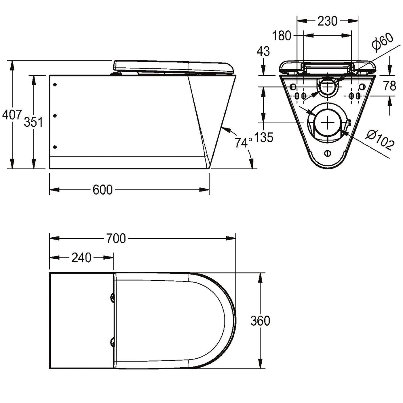 Technische Zeichnung einer wandmontierten Toilette mit Seiten-, Front- und Draufsicht mit Abmessungen und Befestigungsloch-Messungen.