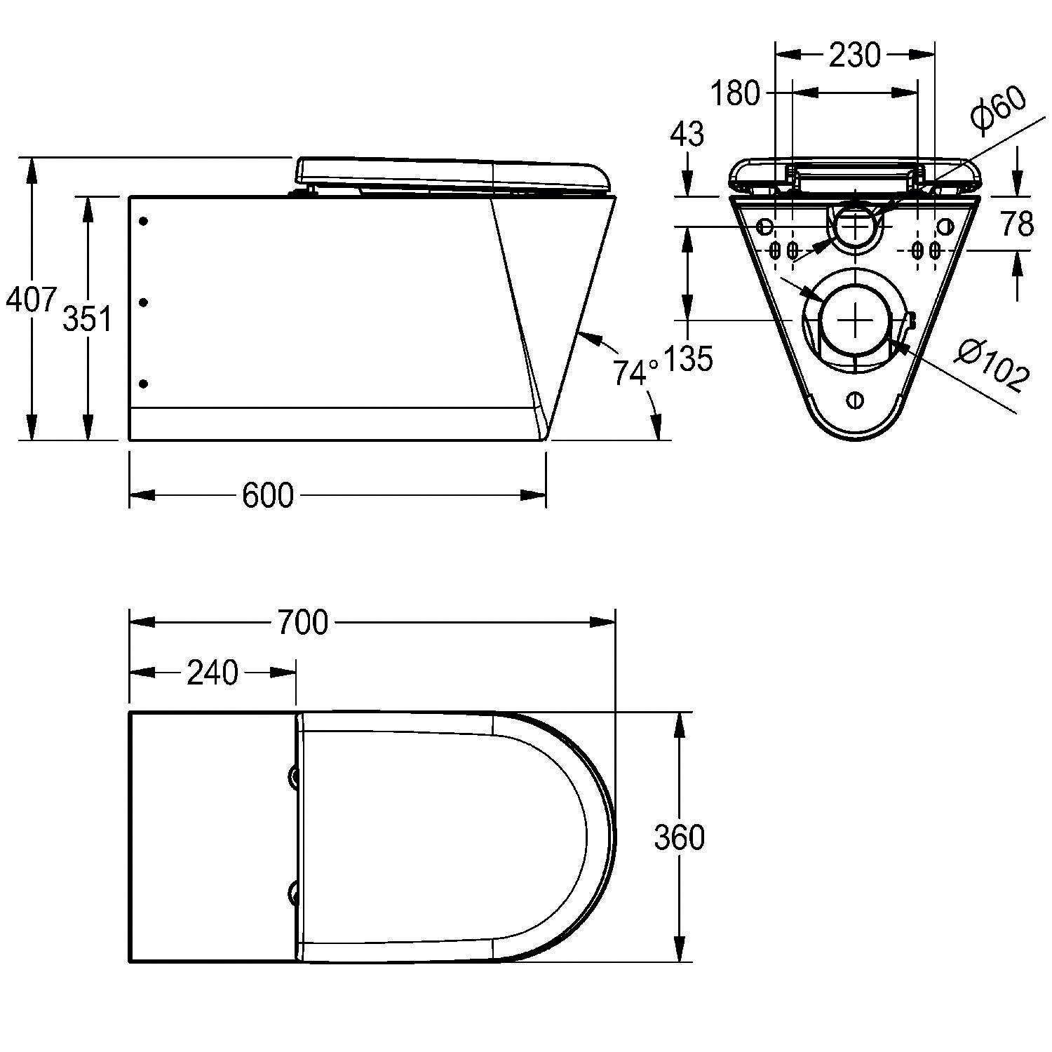 Technische Zeichnung einer Toilette in Seiten-, Vorder- und Draufsicht. Abmessungen umfassen 600 mm Tiefe, 360 mm Breite, 410 mm Höhe und verschiedene Rohrdurchmesser.