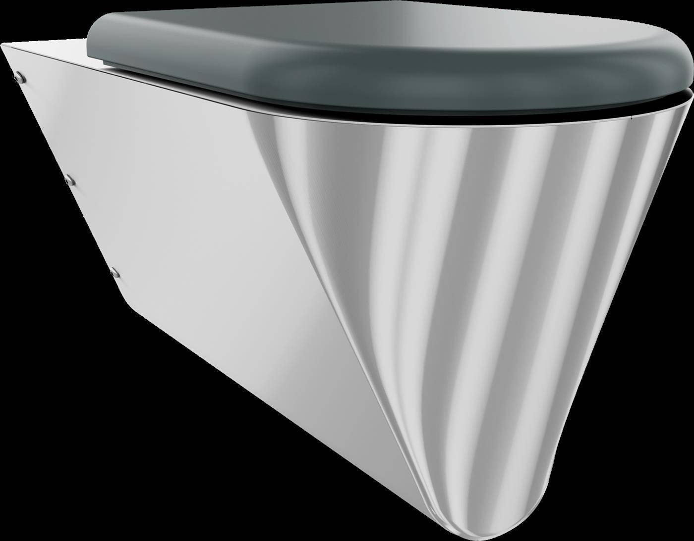 Modernes wandhängendes Toilettenbecken mit schlanker weißer kantiger Basis und dunkelgrauem Sitz auf schwarzem Hintergrund.