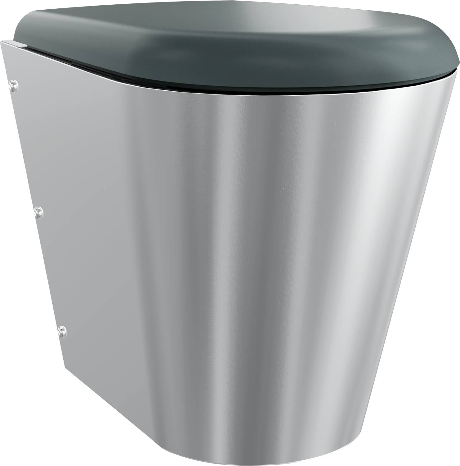 Eine moderne Edelstahl-Wandtoilette mit einem dunklen Sitzdeckel, konzipiert für elegante und platzsparende Badezimmerinstallationen.