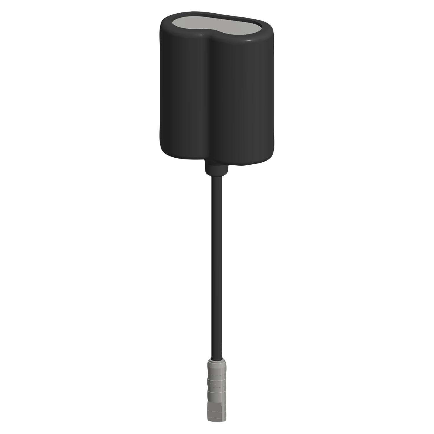 Ein schwarzes zylindrisches Objekt mit einem weißen Deckel ist mit einem Kabel verbunden, wobei sich an seinem Ende ein transparenter Stecker vor schwarzem Hintergrund befindet.