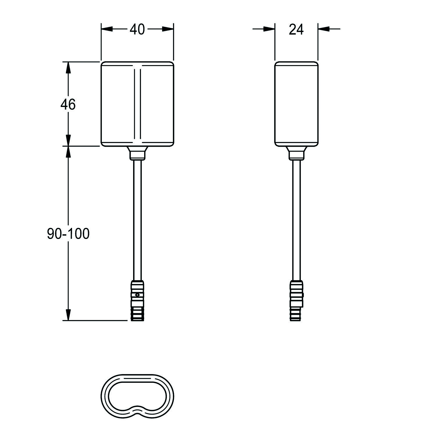 Technische Zeichnung einer zylindrischen Komponente mit Abmessungen: 40 mm Breite, 46 mm Höhe, 90-100 mm Länge. Ansicht von unten zeigt längliche Form.