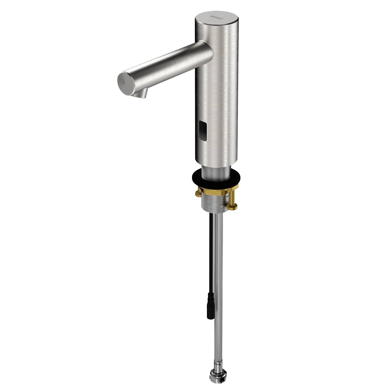 Eine elegante, moderne automatische Wasserspülarmaturen mit einer metallischen Oberfläche, dargestellt vor einem schwarzen Hintergrund. Sie verfügt über einen Sensor für berührungslose Bedienung.