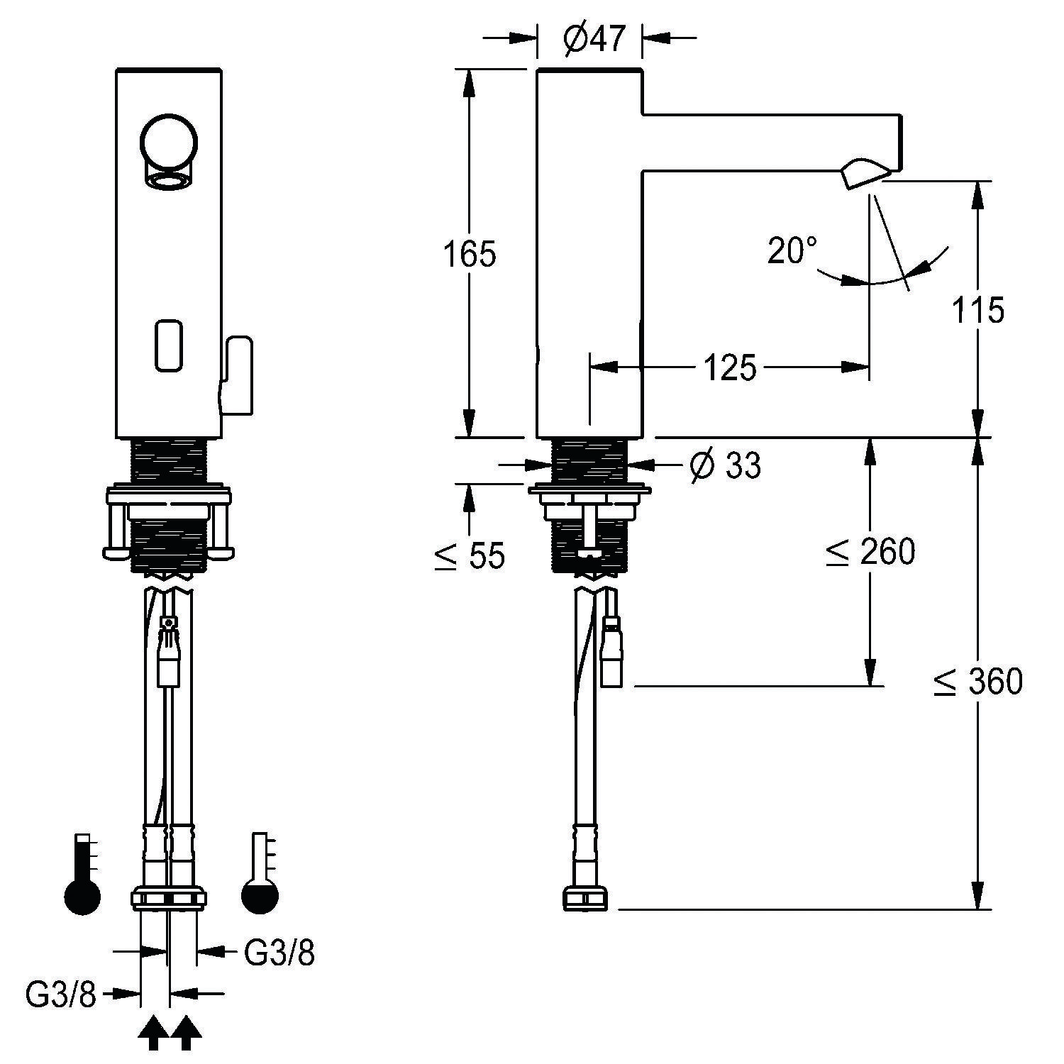 Technische Zeichnung eines Mischers mit Maßangaben: Höhe 165 mm, Auslauflänge 125 mm und Auslaufhöhe 115 mm. Anschlussgrößen G3/8'.