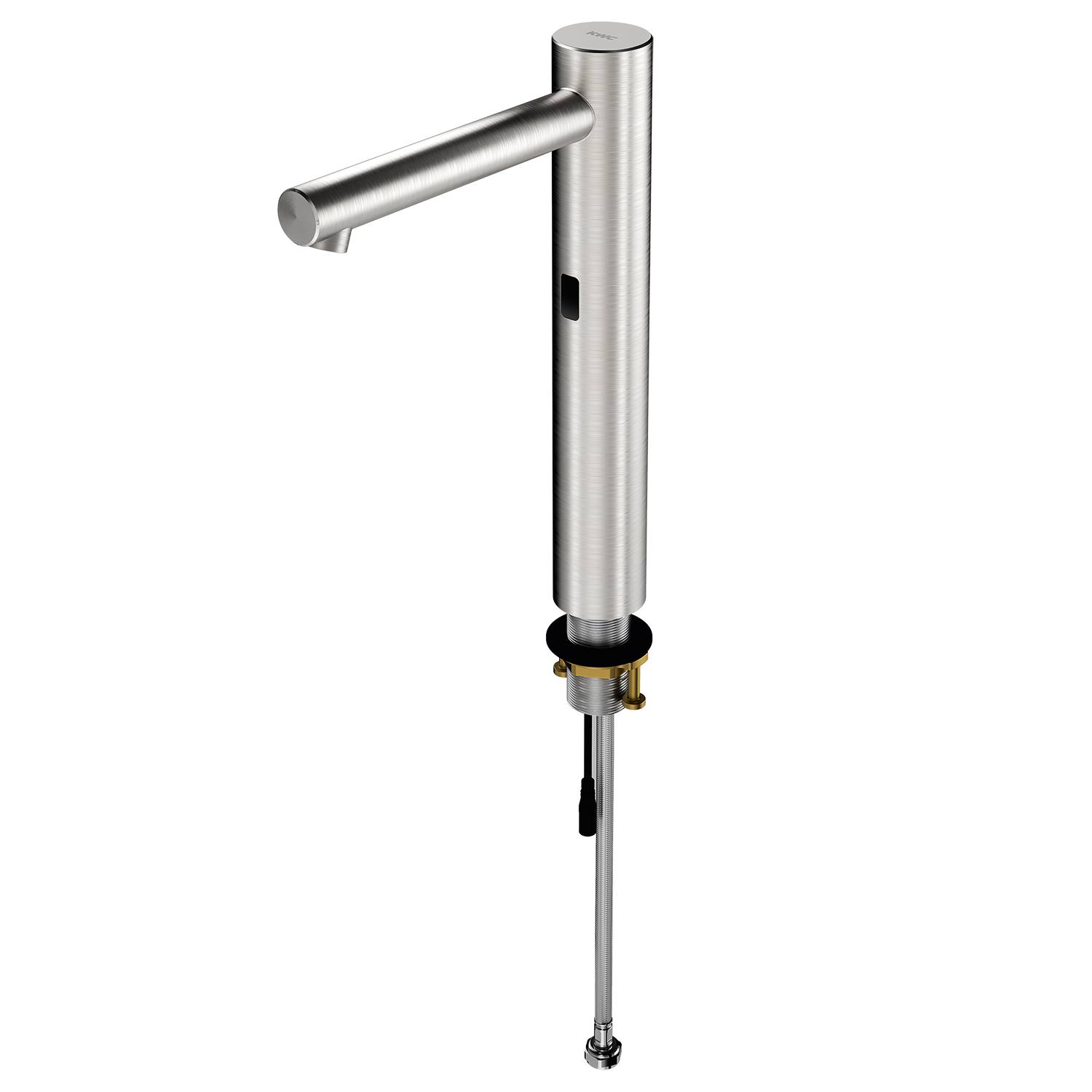Eine elegante, moderne Metallarmatur mit zylindrischer Form und seitlichem Griff, geeignet für zeitgenössische Küchen- oder Badezimmerinstallationen.