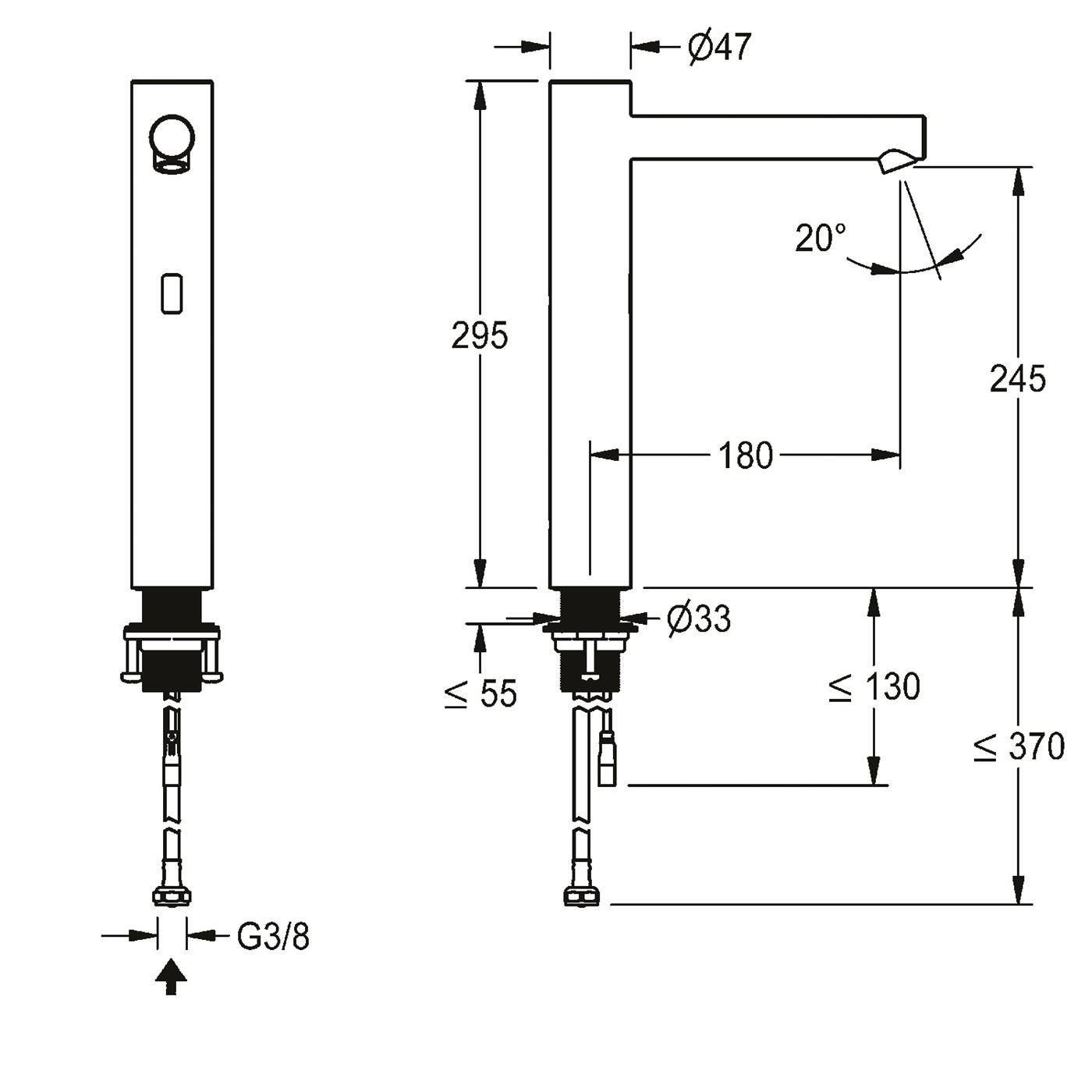 KWC Standventil, F7, Elek, O. Mischung, Edst, 5, 7 l, Ausl. 180 mm, für. Batt./net