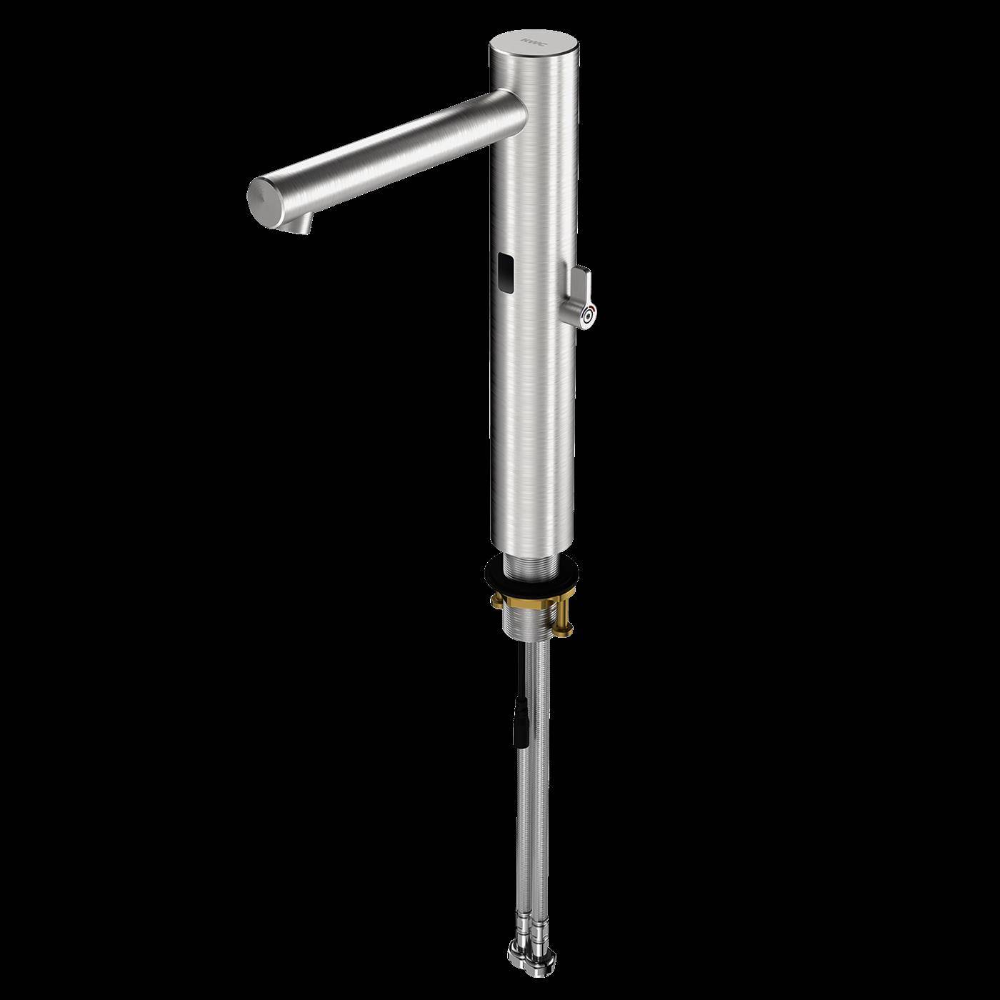 Edelstahlhebelventilbaugruppe mit horizontalem Griff und langem vertikalem Schaft vor schwarzem Hintergrund.