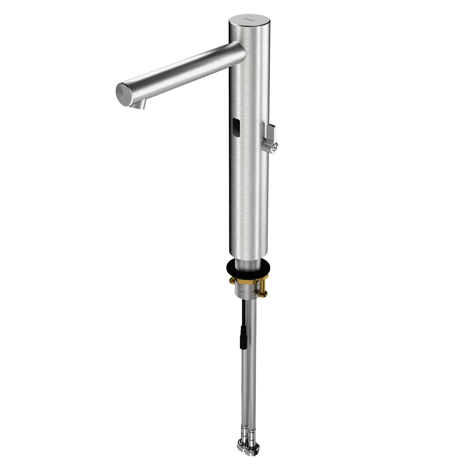 Edelstahl-Sensorfunktionsarmatur mit zylindrischem Design, die den Auslauf und den Sensormechanismus zeigt.
