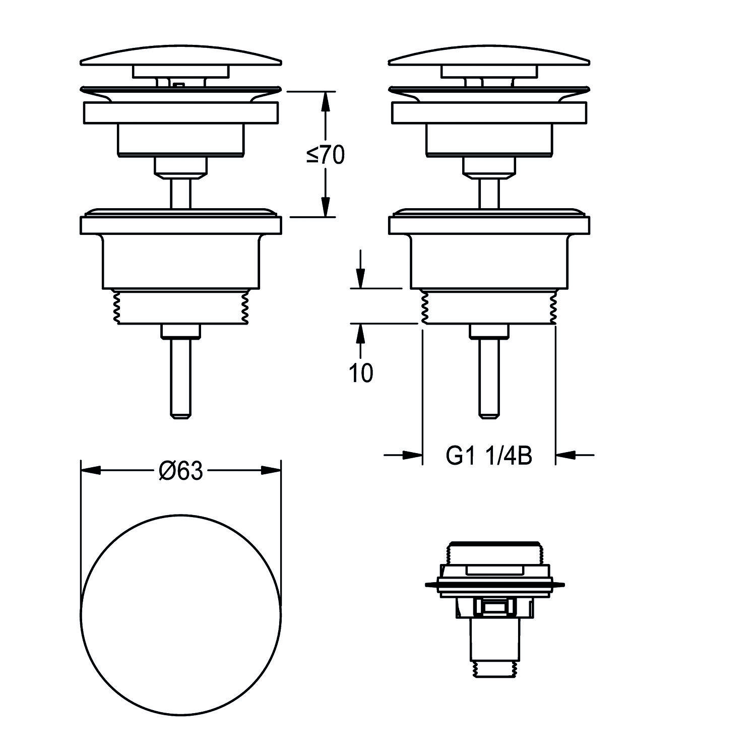 Technische Zeichnung einer Stecker- oder Ablaufarmatur mit Maßangaben: Durchmesser 63 mm, Höhe ≤ 70 mm, Seitenansicht mit Beschriftung G1 1/4B