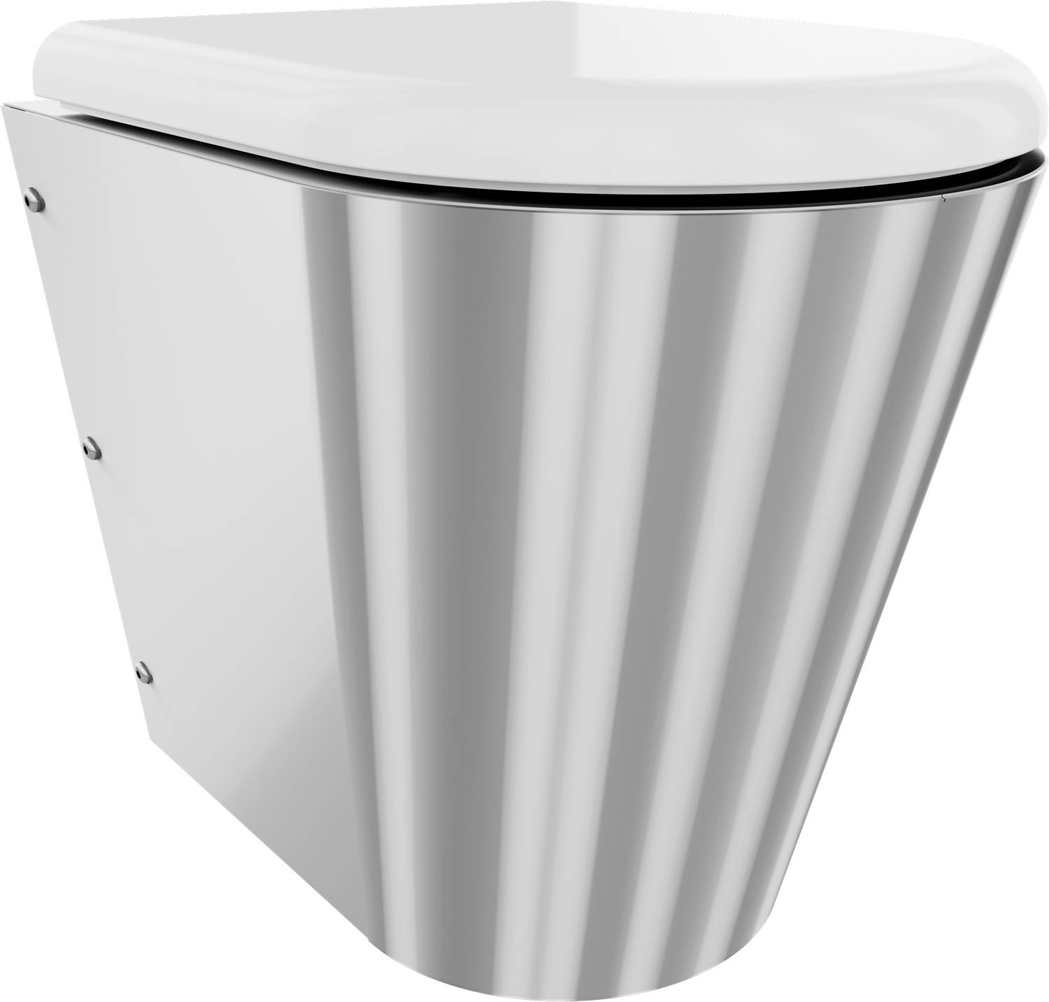 Eine moderne, metallische, dreieckige Toilette, die so konzipiert ist, dass sie in eine Ecke passt und einen schlichten, minimalistischen Stil mit glänzender Oberfläche aufweist.
