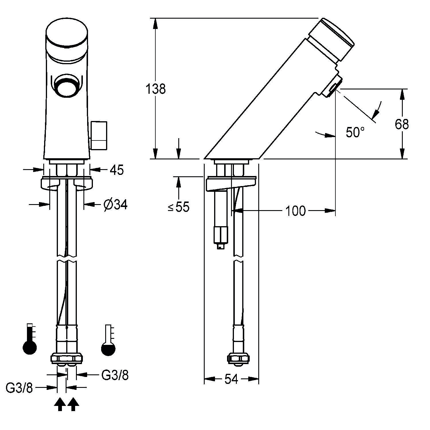 Technische Armatur-Zeichnung mit Abmessungen und Winkeln, einschließlich Höhe 138 mm, Auslaufwinkel 50° und beschrifteten Anschlüssen G3/8.