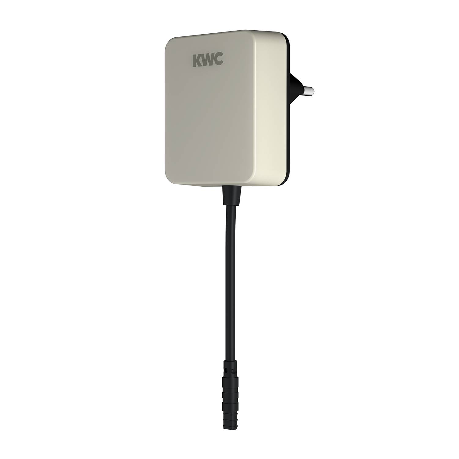 Ein beiger KMC-Plug-in-Adapter mit angeschlossenem Stromstecker, vor einem schwarzen Hintergrund.