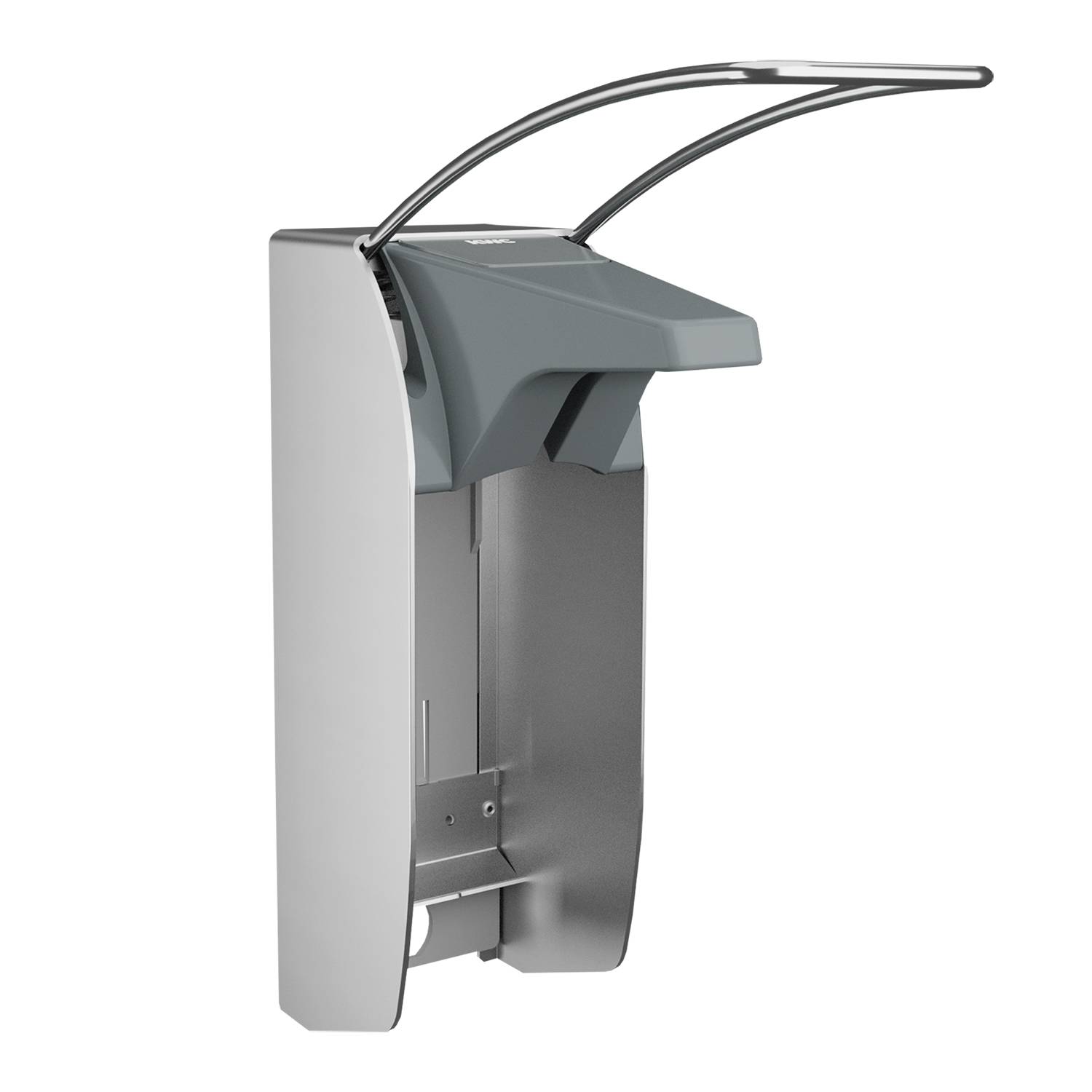 Ein schlanker, moderner Metalltüchenspender, der vor einem schwarzen Hintergrund montiert ist, mit ergonomischem Design und zwei geschwungenen Auslösehebeln.
