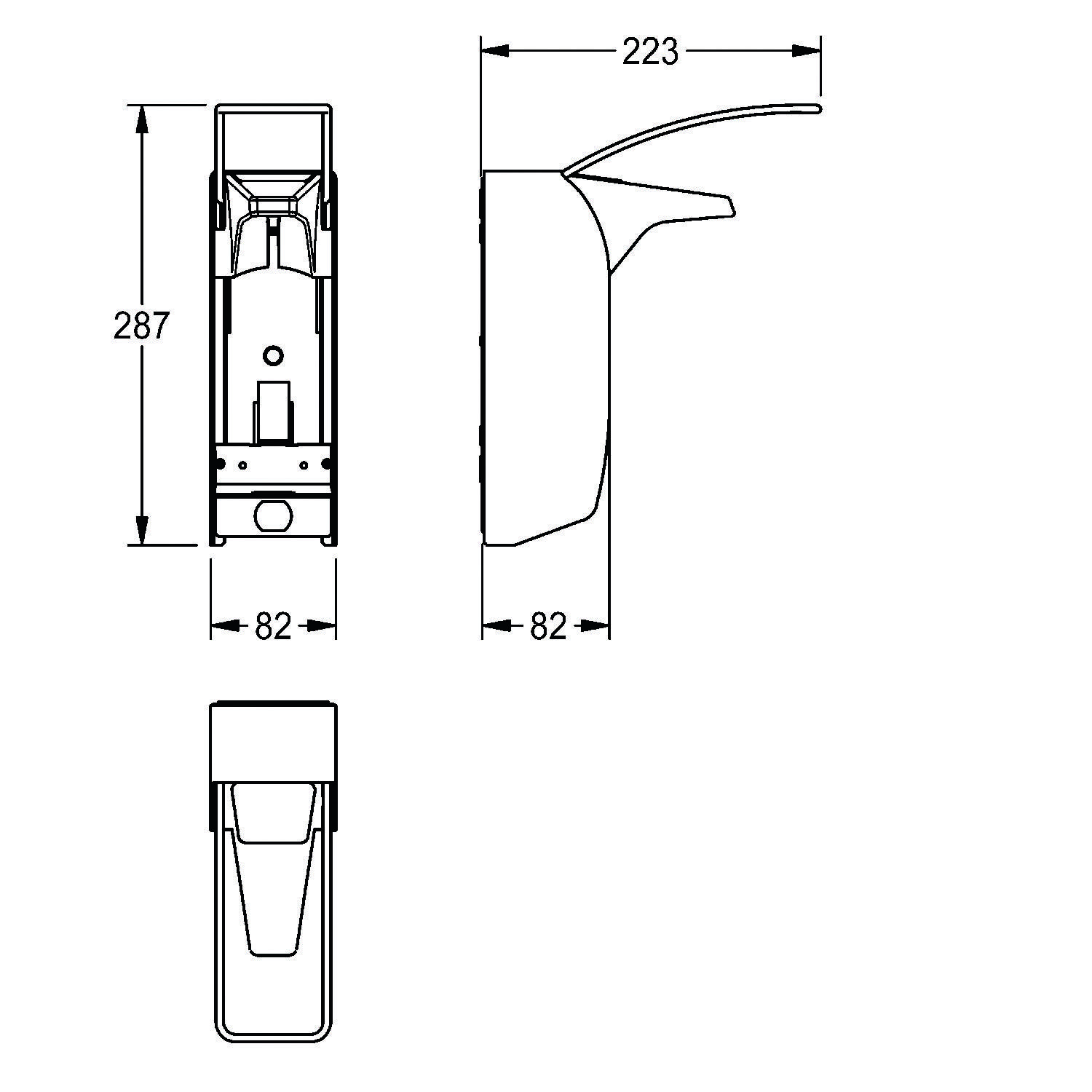 Technische Zeichnung eines Handdesinfektionsmittelspenders mit Abmessungen: Höhe 287 mm, Tiefe 223 mm, Breite 82 mm. Vorder-, Seiten- und Draufsicht dargestellt.