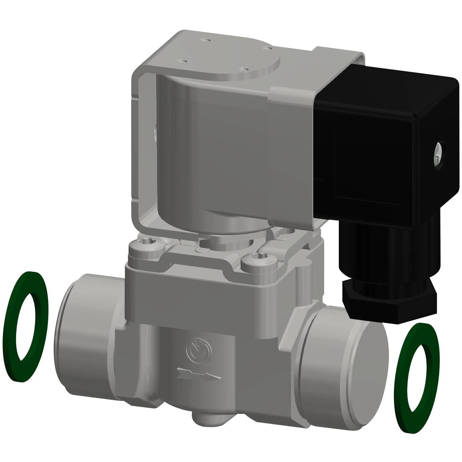 Ein 3D-Modell eines Magnetventils mit einem schwarzen elektrischen Aktuator, der auf einem metallischen Ventilgehäuse montiert ist, mit zwei grünen Dichtungsringen an beiden Enden.