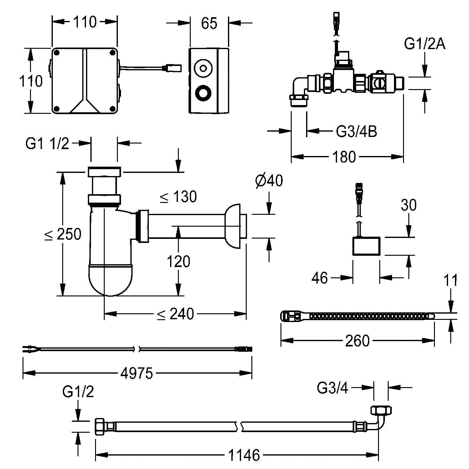 Diagramm der Sanitärkomponenten mit Abmessungen und Bauteilbezeichnungen, einschließlich Ventilen, Rohren und Verbindern, mit präzisen Maßangaben.
