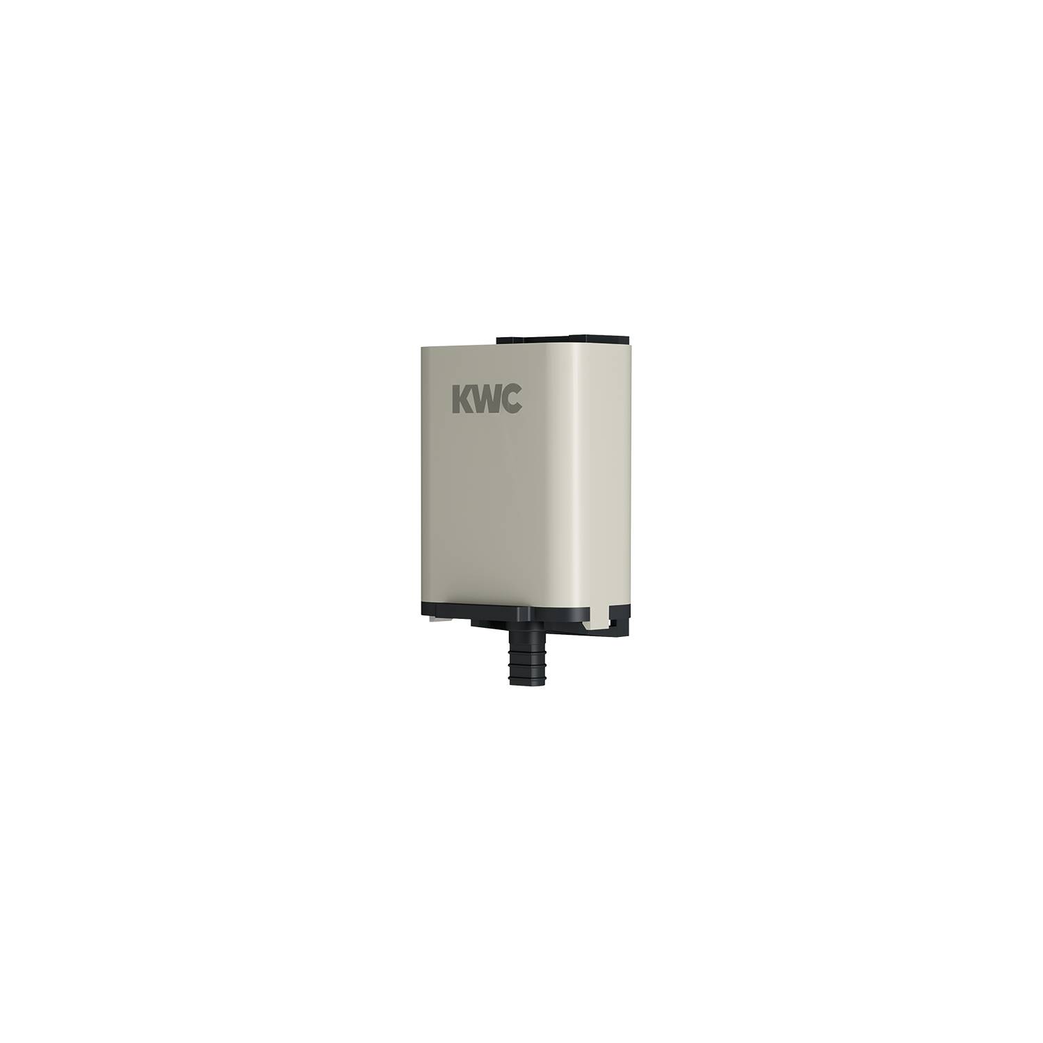 Ein beige-farbenes KWC-Markengerät in rechteckiger Form mit einer Düse an der Unterseite, höchstwahrscheinlich ein Sensor oder Spender, vor einem einfarbigen dunklen Hintergrund abgebildet.