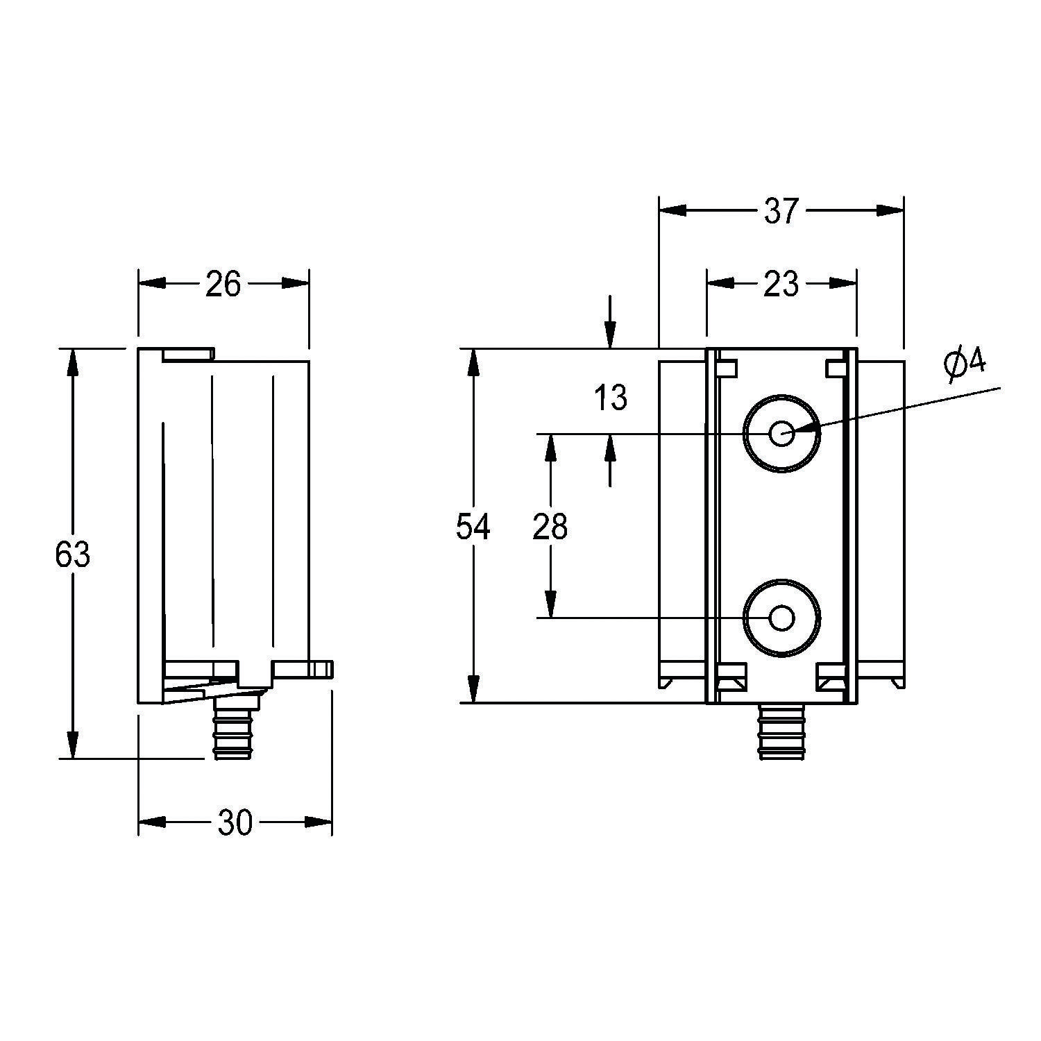 Technische Zeichnung eines rechteckigen Bauteils mit Abmessungen: 63x30x54mm, zwei kreisrunde Bohrungen und beschrifteten Teilen.