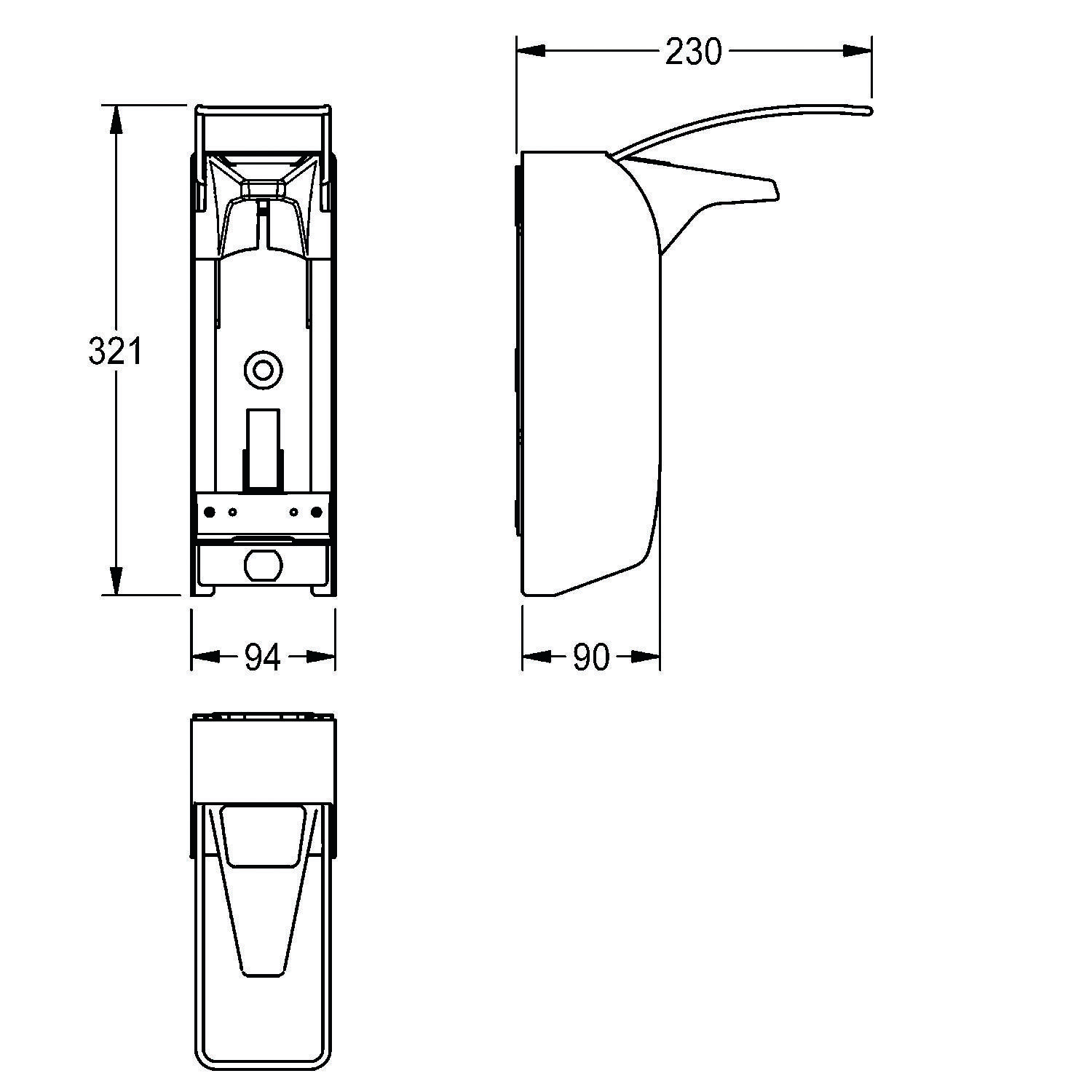 Diagramm eines Spenders mit Abmessungen: Höhe 321 mm, Breite 94 mm, Tiefe 90 mm und Länge 230 mm. Zeigt Seiten- und Frontansicht.
