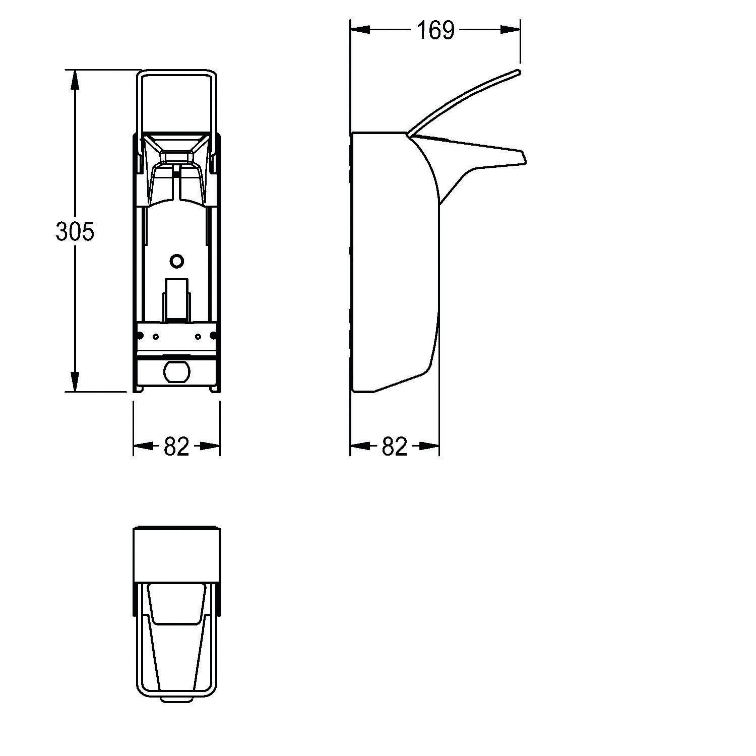 Technische Zeichnung eines wandmontierten Spenders, dargestellt in Vorder-, Seiten- und Draufsicht. Abmessungen: 305 mm Höhe, 82 mm Breite, 169 mm Tiefe.