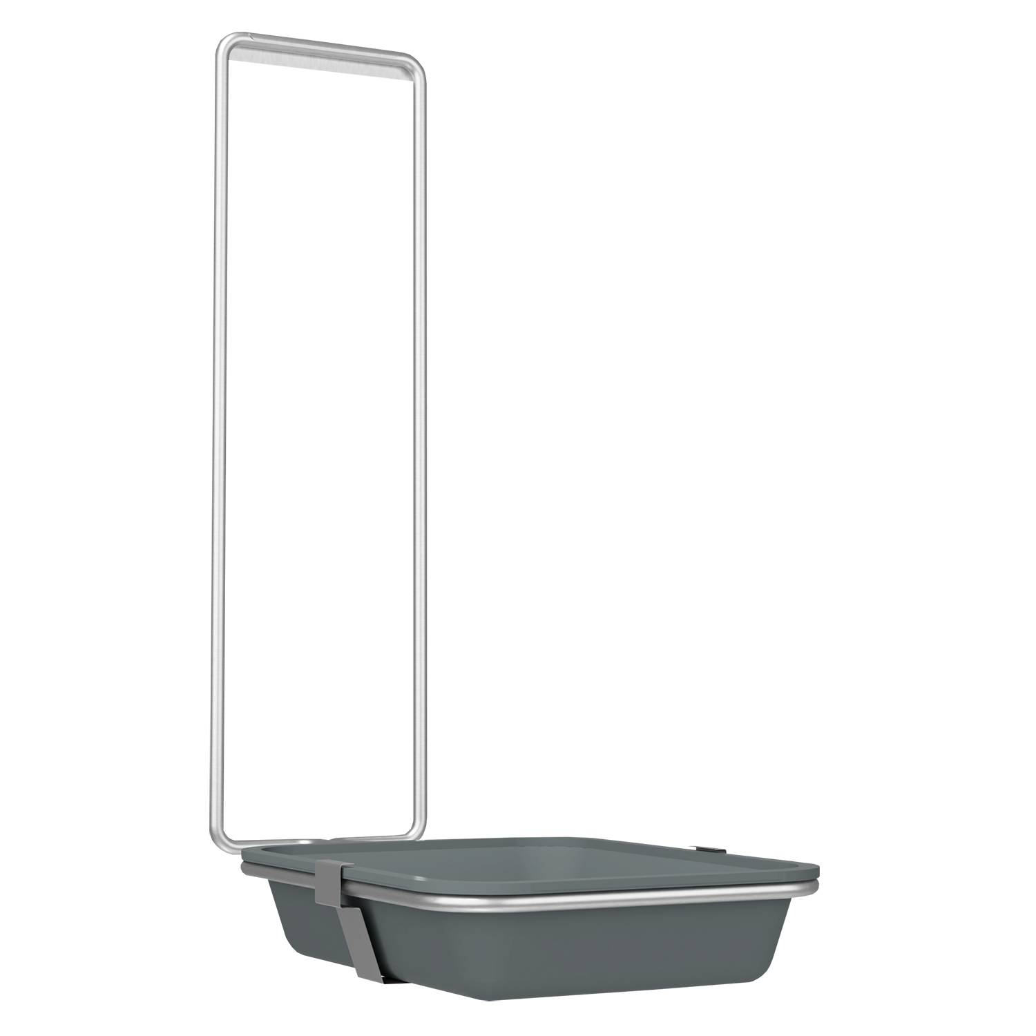 Eine graue Metalltuchstange mit einem angehängten kleinen Regal vor schwarzem Hintergrund. Das Design ist minimalistisch und modern.