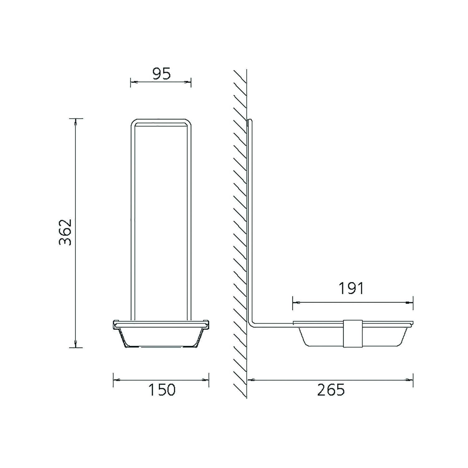 Eine technische Zeichnung eines wandmontierten Seifenspenders mit folgenden Abmessungen: Höhe 362 mm, Tiefe 265 mm und Breite 95 mm. Die Basis ist 150 mm breit.