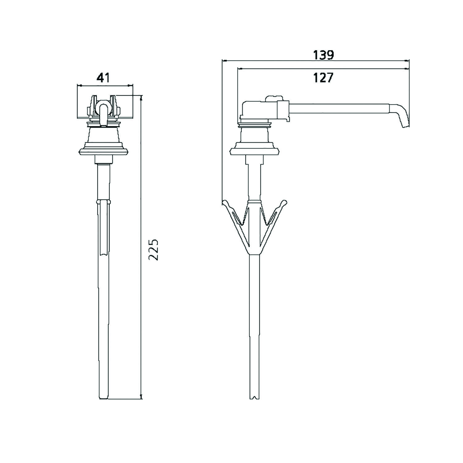 Eine technische Zeichnung, die einen Wasserhahn mit Maßen zeigt: Höhe 225 mm, Auslauflänge 139 mm und Basisbreite 41 mm.