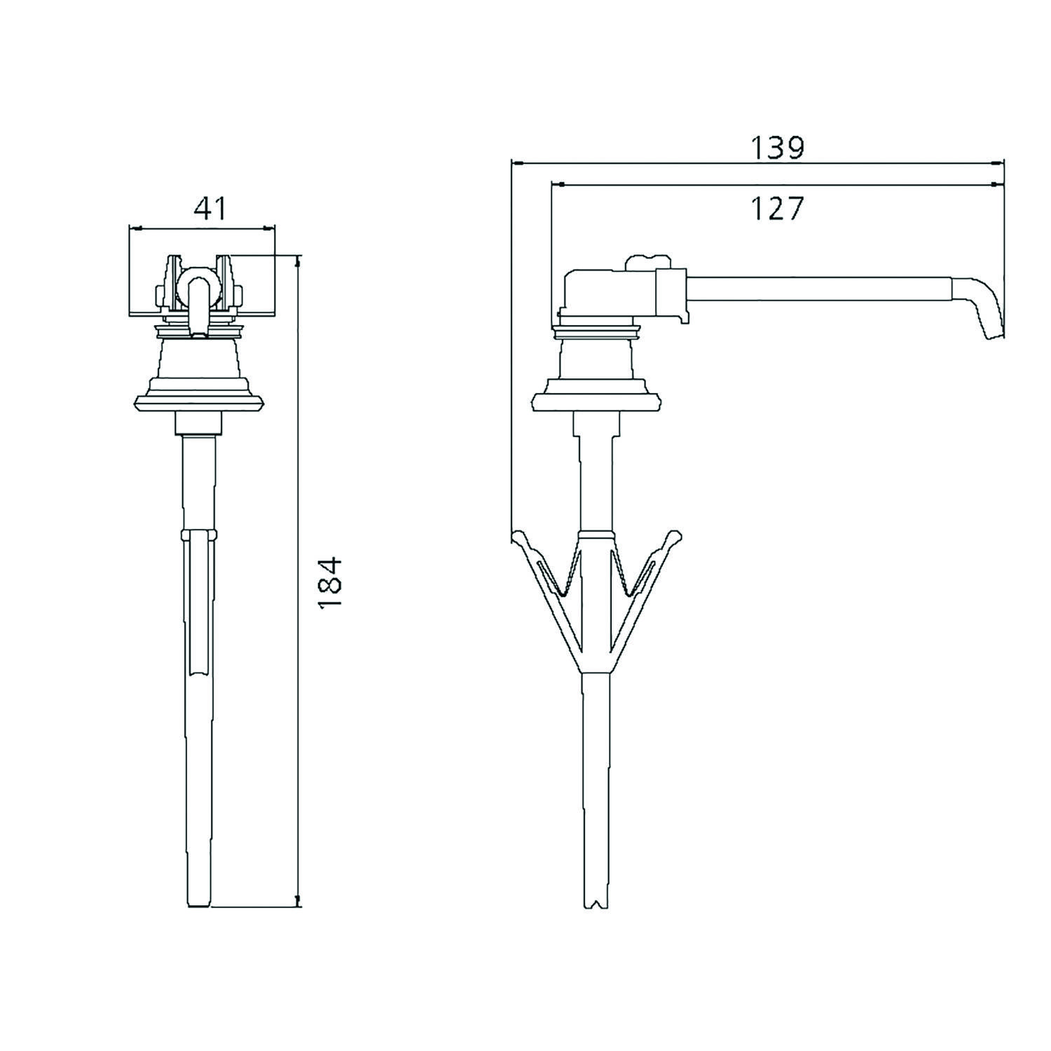 Technische Zeichnung eines Hebelpumpenspenders mit Abmessungen: 41 mm Breite, 139 mm Länge und 184 mm Höhe.