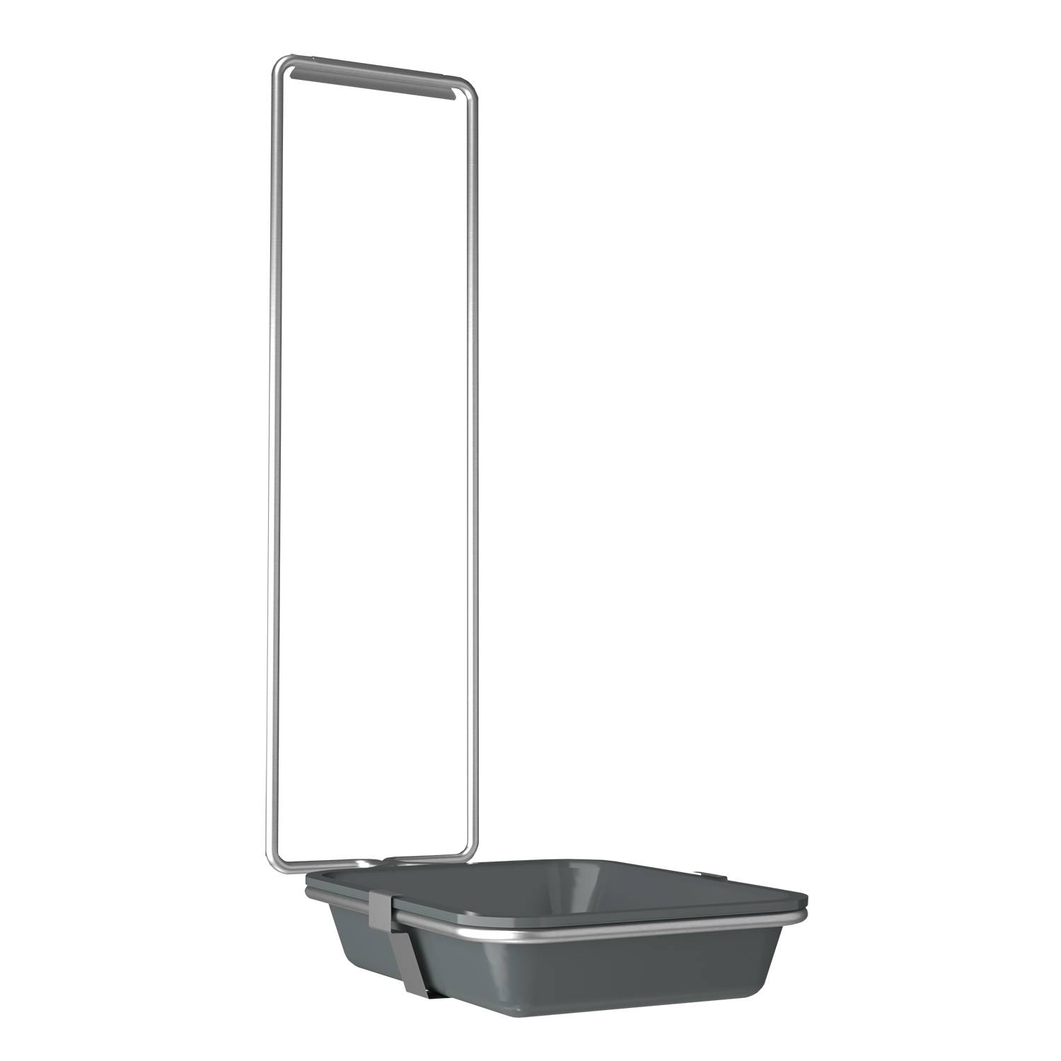 Ein hoher, rechteckiger Metallrahmen mit einem angebrachten grauen Behälter am unteren Ende, vor einem schwarzen Hintergrund, der ein minimalistisches Mülleimer-Design darstellt.