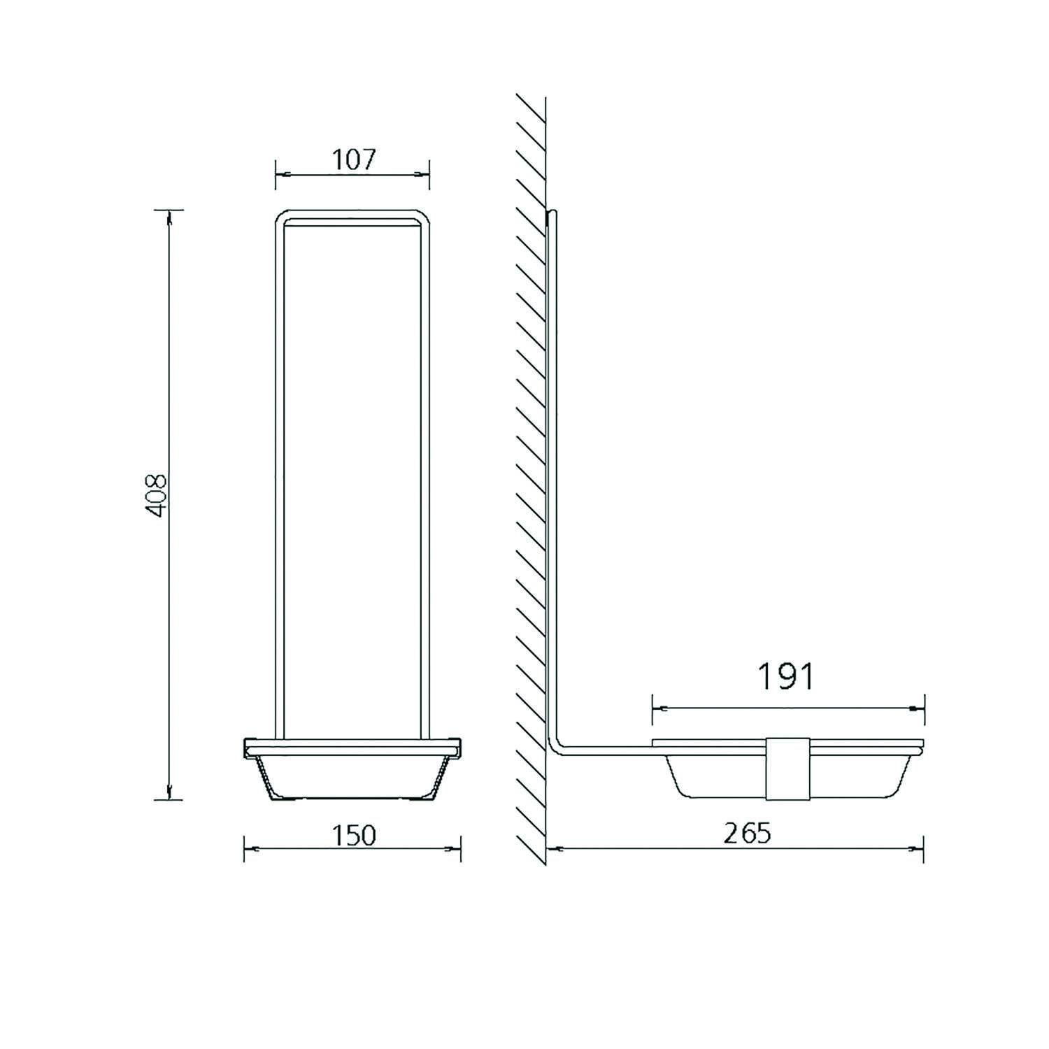Seitenansicht eines wandmontierten Regals mit Abmessungen: Höhe 408, Breite 107, Tiefe 265 mm. Zusätzliche Breitenangabe von 150 mm.