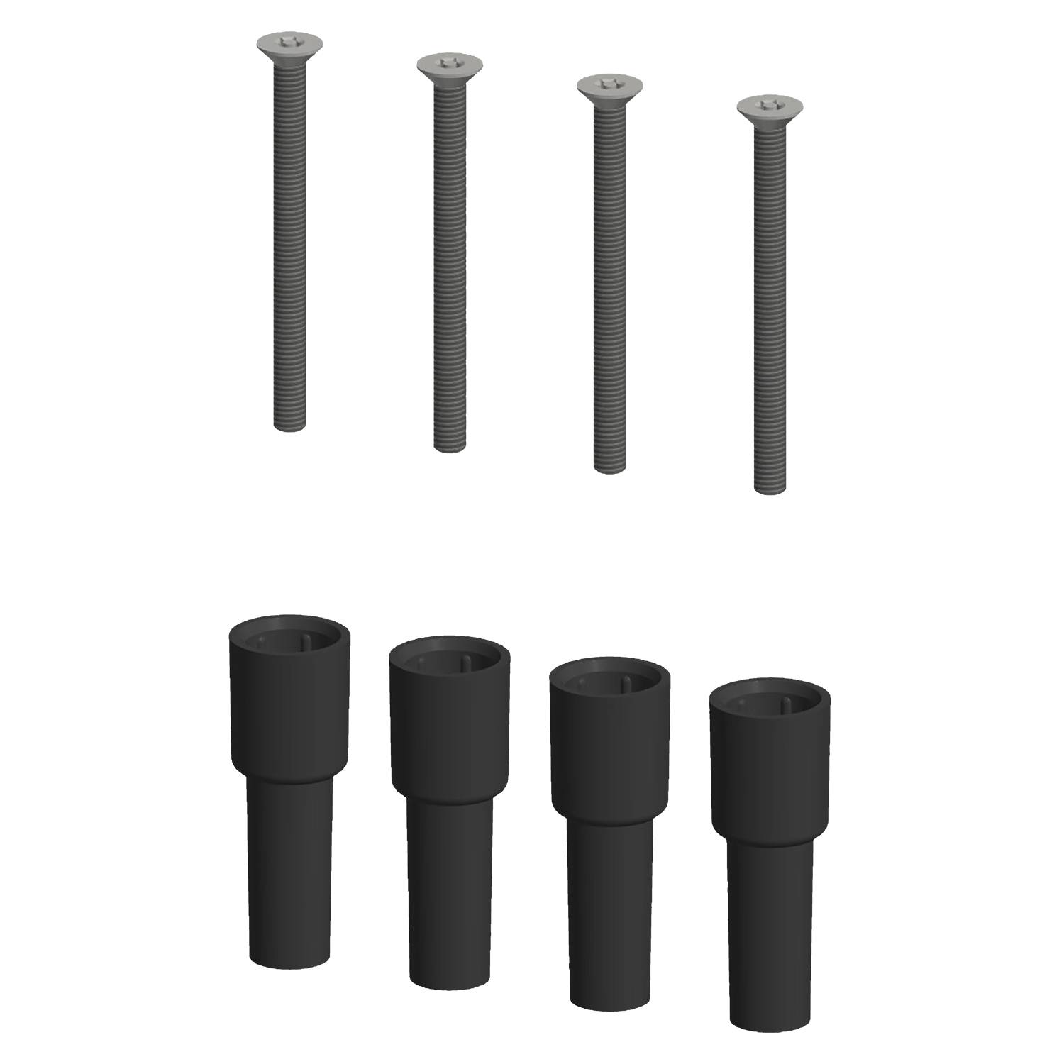 Sechs Metallschrauben und vier schwarze Abstandshalter, angeordnet in zwei Reihen auf einem schwarzen Hintergrund.