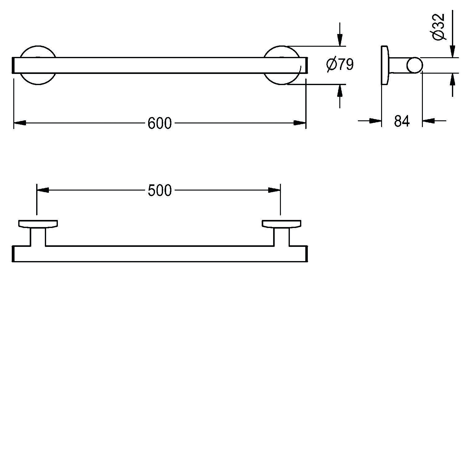Konstruktionszeichnung einer Handtuchstange mit Abmessungen: Länge 600 mm, Befestigungspunkte 500 mm auseinander. Durchmesser der Wandhalterungen 79 mm, Stangendurchmesser 32 mm.